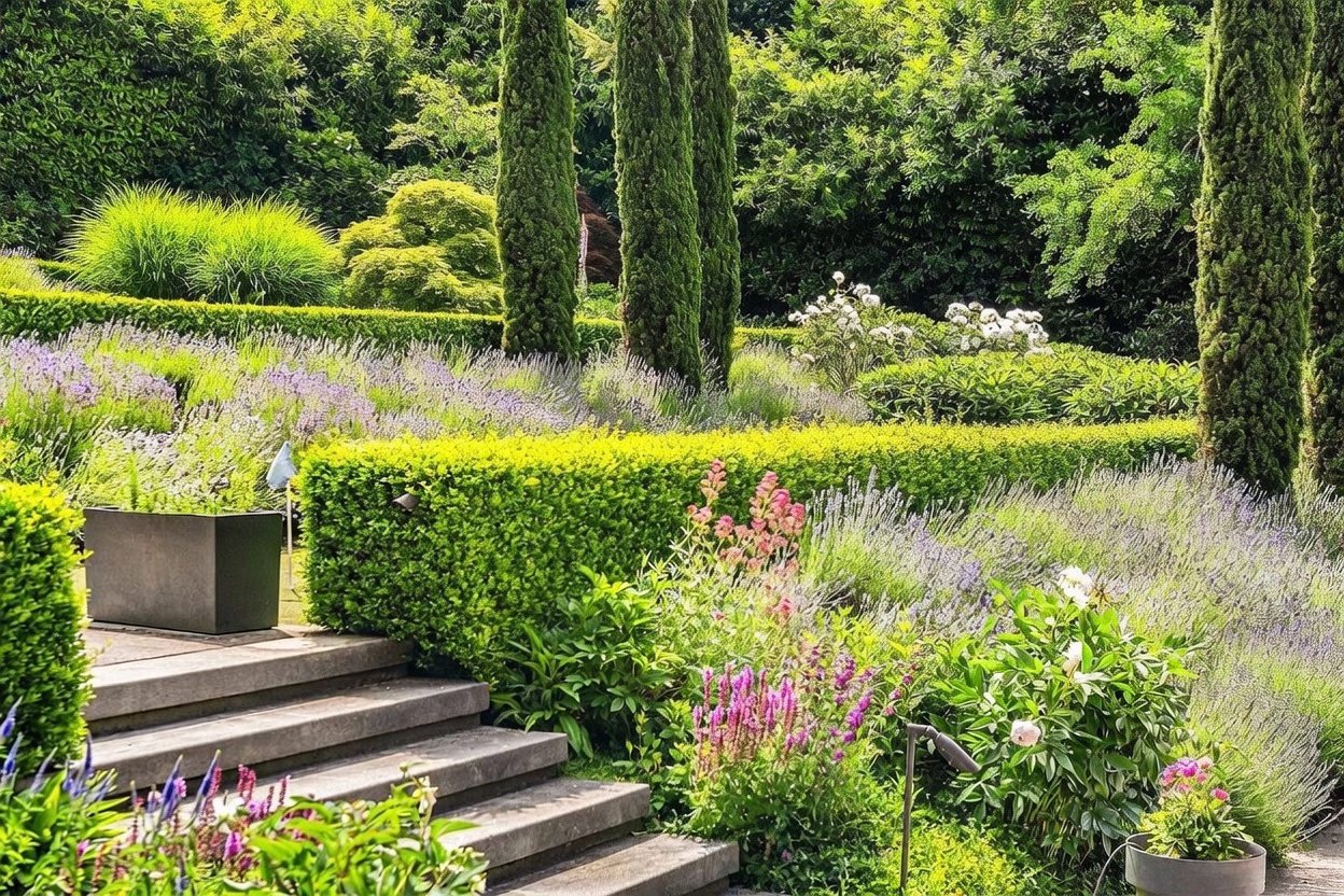 This lush, meticulously landscaped garden features a tiered stone staircase leading up to a vibrant display of lavender, ornamental grasses, and manicured hedges. Tall, slender cypress trees provide a vertical focal point against a backdrop of dense, mature greenery and blooming white flowers. The scene captures a serene and well-maintained outdoor space, perfect for peaceful relaxation or garden strolls.
