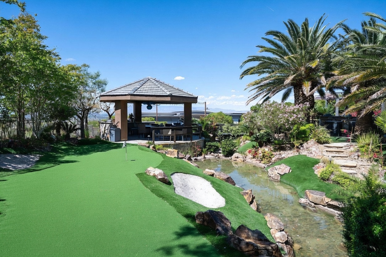 This expansive backyard features a professional-grade putting green complete with multiple holes and a sand trap. A covered gazebo with an outdoor kitchen and seating area serves as a central focal point, overlooking a decorative stone-lined stream that winds through the landscaped grounds. The setting is lush and private, framed by mature palm trees and vibrant greenery, offering a resort-like atmosphere.