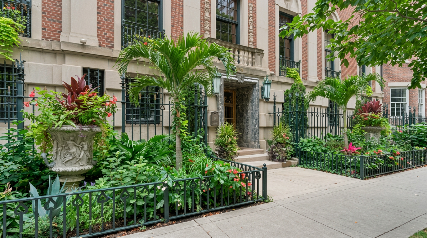 This elegant brick townhouse features a grand, stone-framed entryway accessed by a short set of steps. The facade is adorned with classic architectural details, including decorative stone work and wrought-iron railings, while a lush, manicured garden with palm trees and potted plants adds a vibrant, welcoming touch to the street-level view. The perspective is a low-angle, eye-level shot that emphasizes the stately and well-maintained nature of the property.