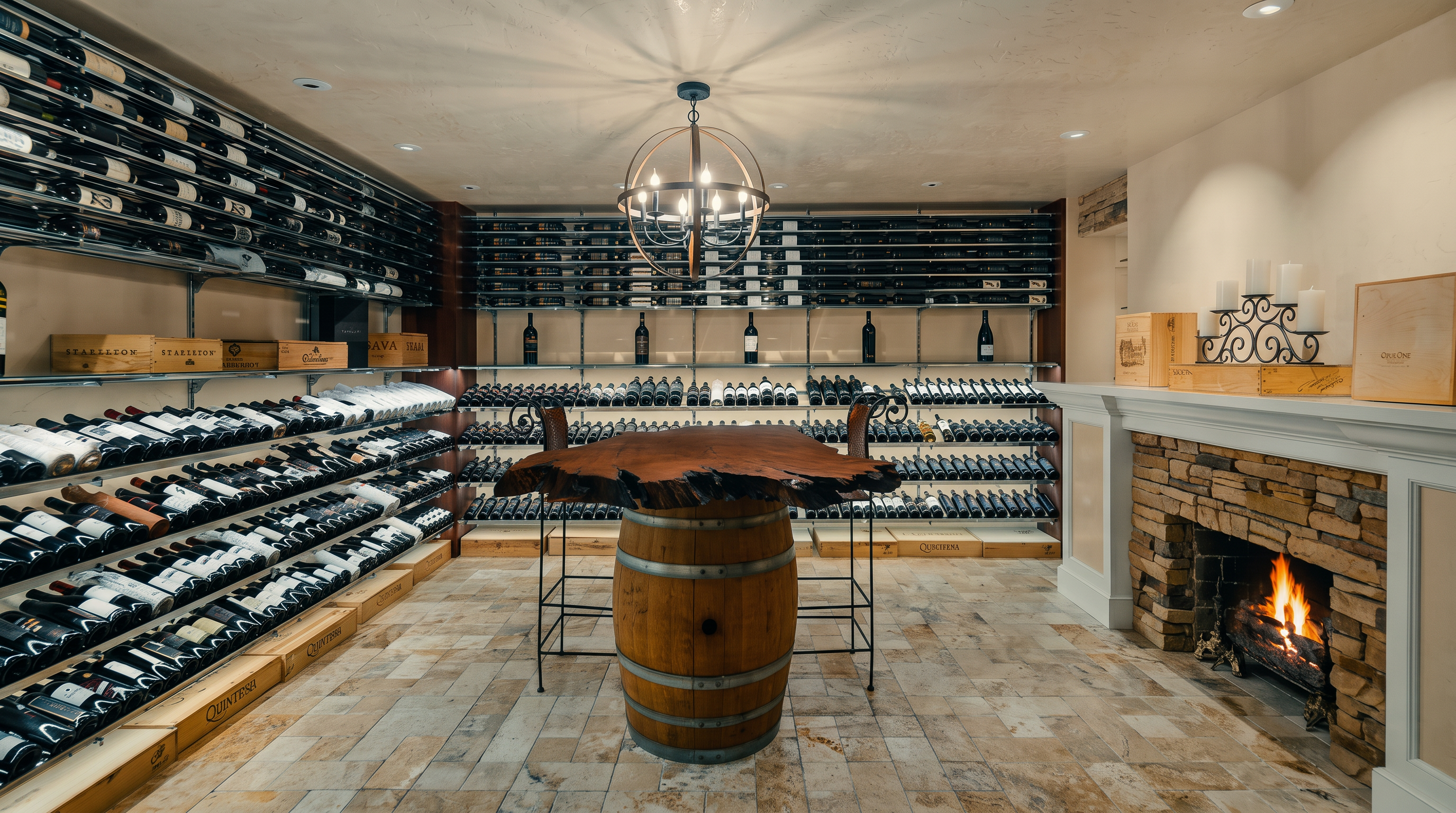 This sophisticated wine cellar features extensive custom racking for bottle storage, surrounding a central tasting table crafted from a rustic barrel base and a natural-edge wood slab top. To the right, a stone-clad fireplace adds warmth to the space, complemented by a decorative metal screen and a stone-tiled floor. The room is illuminated by a prominent orb-style chandelier, creating an inviting and luxurious atmosphere for wine enthusiasts.