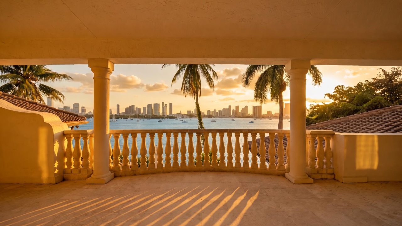 This stunning balcony offers a panoramic view of the sparkling bay and distant city skyline, framed by elegant classical pillars and a stone balustrade. The warm, golden hues of the sunset create an inviting and tranquil ambiance throughout the space. Its sophisticated architectural style and prime waterfront vantage point make it a premier feature of the property.