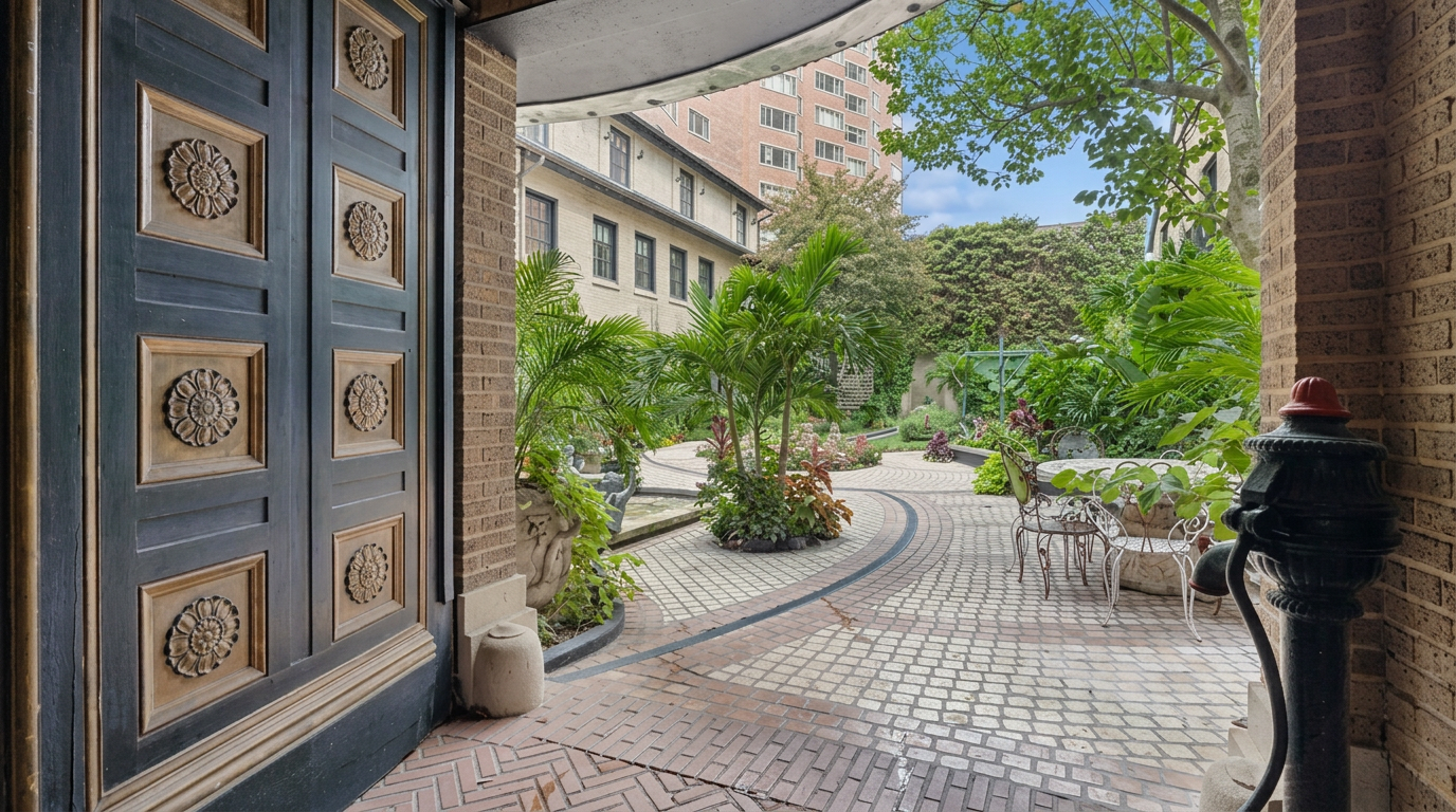 This perspective captures a transition from a dark, ornate doorway into a bright, landscaped courtyard. The foreground features a heavy, dark-painted door with decorative floral carvings, while the background reveals a paved patio area surrounded by lush greenery, potted plants, and mature trees. The scene is framed by brick walls and a curved architectural overhang, creating a sense of depth and inviting entry into a private outdoor space.