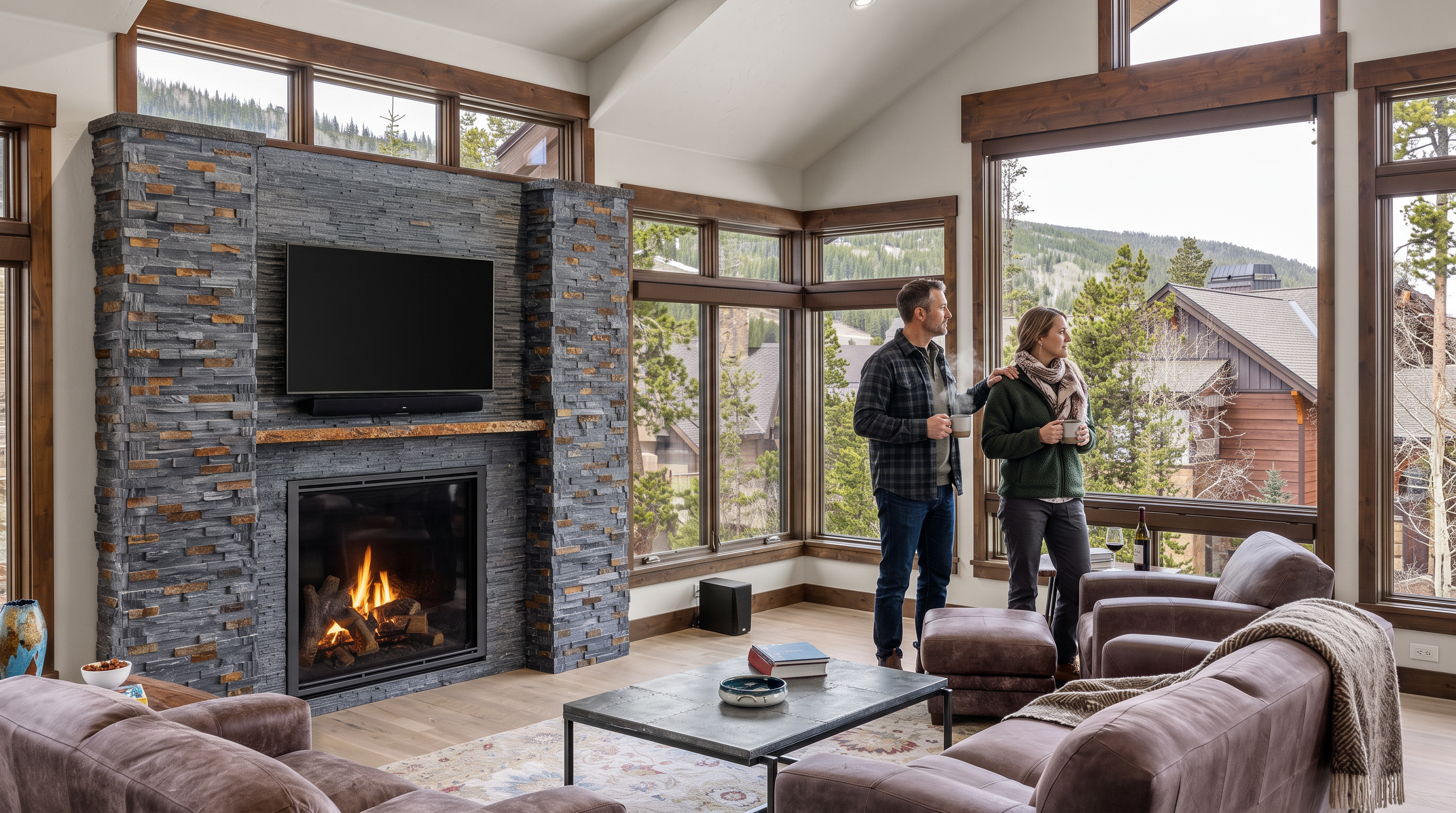 This inviting living room features a prominent stone-clad chimney breast with a built-in fireplace and a mounted television. The space is furnished with comfortable brown leather seating and a central coffee table, all set upon a patterned area rug. Large windows with wood trim frame scenic mountain views, allowing ample natural light to fill the room under the vaulted ceiling.
