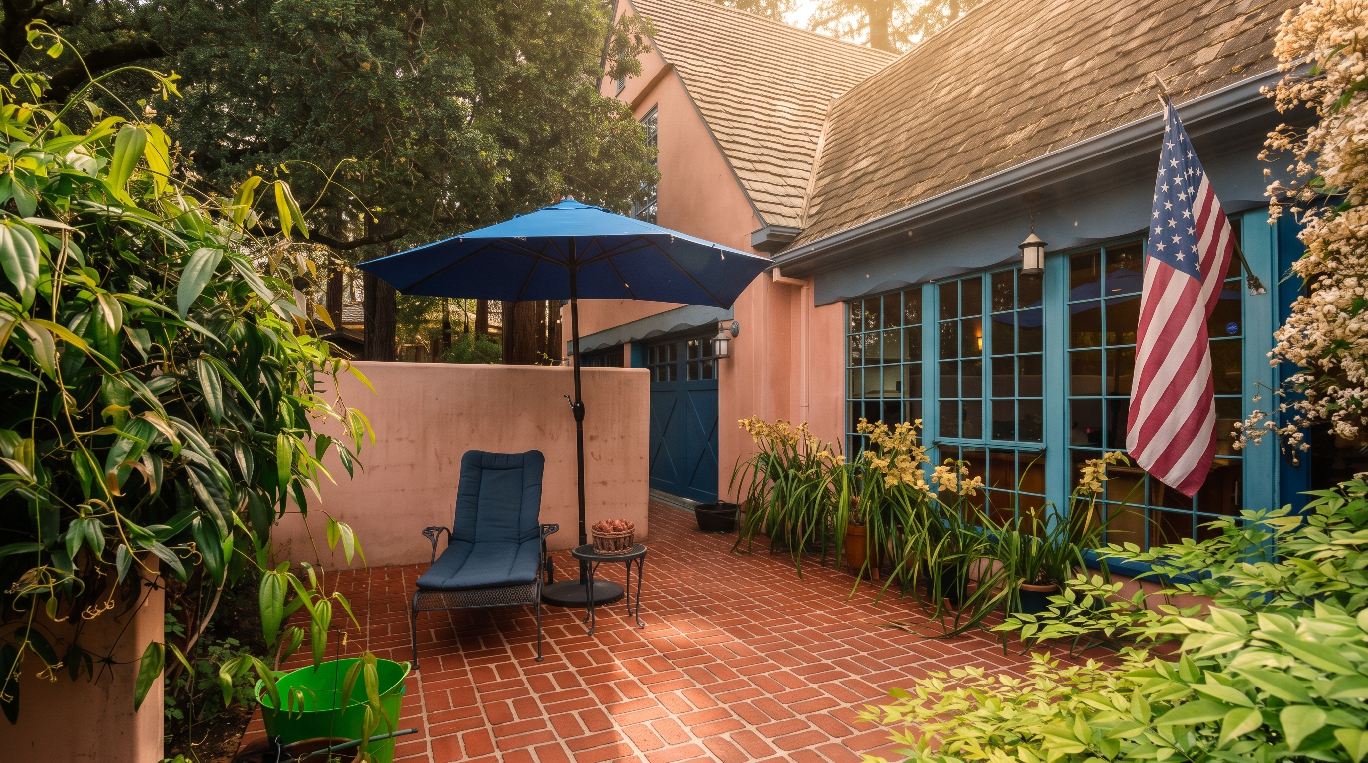 This charming outdoor patio features classic red brick pavers and a vibrant blue umbrella shading a lounge chair. The space is framed by lush greenery, a pink stucco wall, and a house exterior accented with blue-trimmed windows and an American flag. The perspective is a ground-level shot looking toward the house, highlighting a cozy and inviting private retreat.