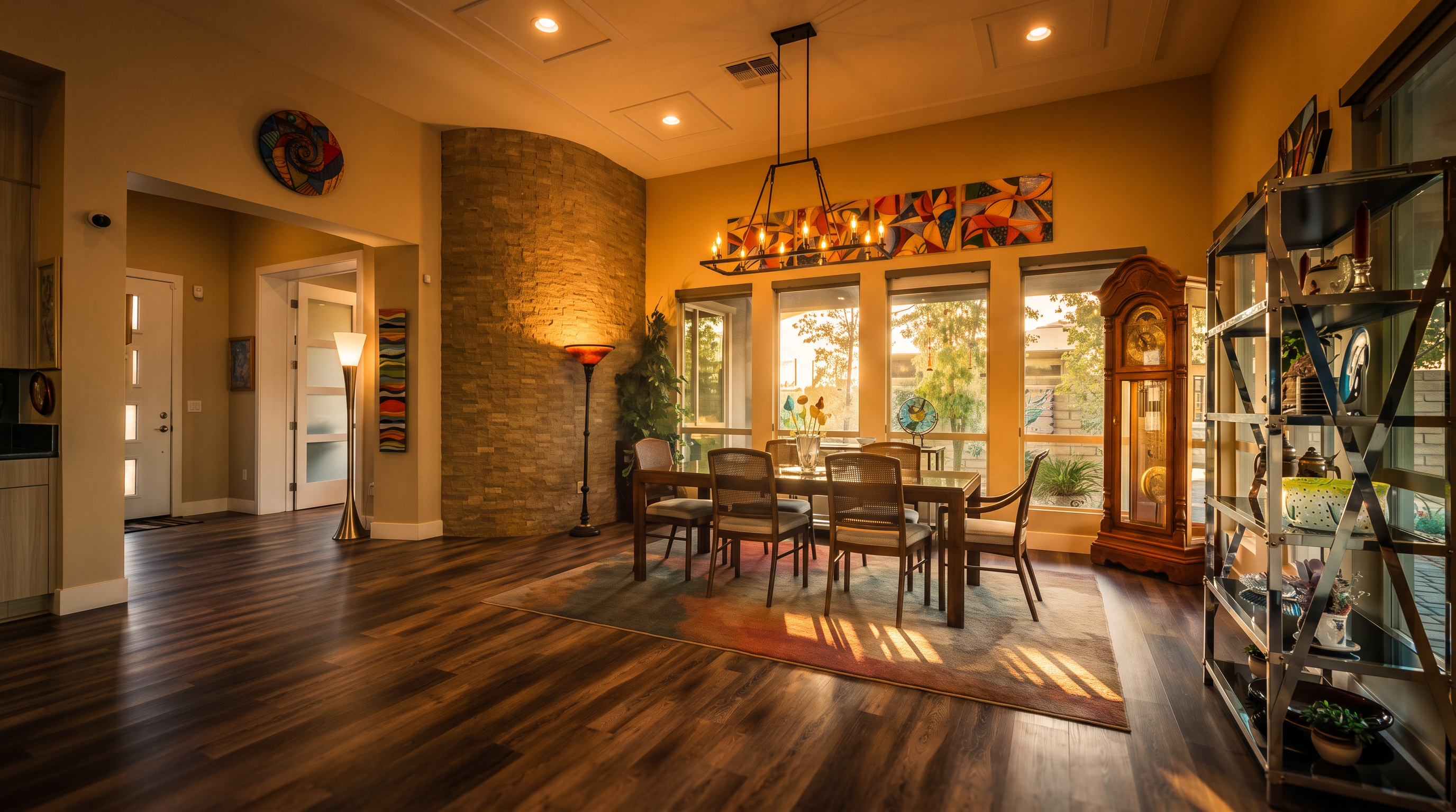 This spacious and well-lit dining room features modern wood-look plank flooring and a prominent stone-accented curved wall. The space is anchored by a contemporary rectangular dining set beneath a stylish linear chandelier and is enhanced by vibrant abstract wall art and a classic grandfather clock. Large windows invite natural light, creating an open and inviting atmosphere suitable for both casual and formal gatherings.