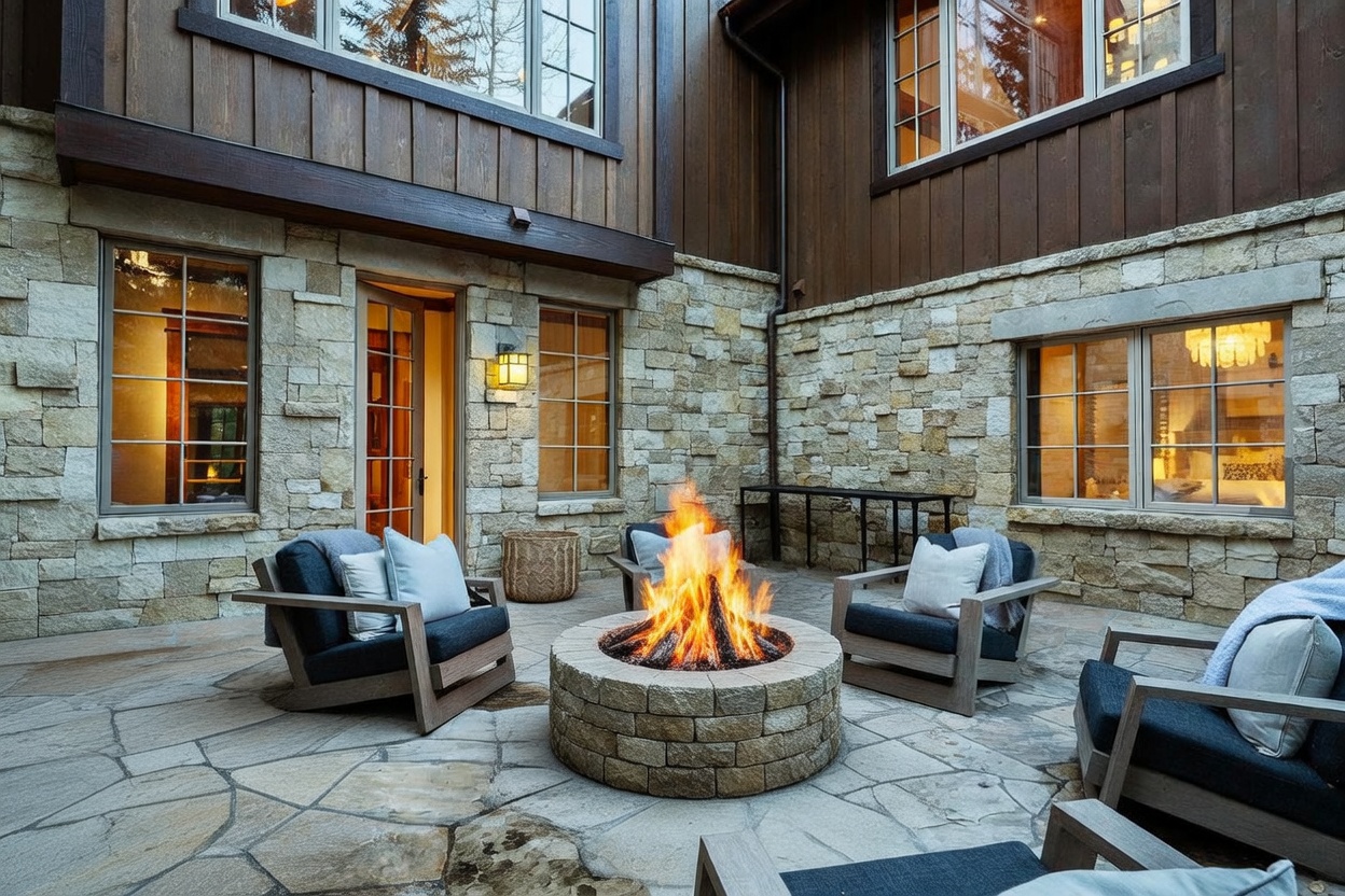 This inviting stone-paved courtyard features a central circular fire pit surrounded by comfortable outdoor armchairs with plush cushions. The space is framed by rustic stone walls and dark wood siding, creating a cozy, mountain-lodge atmosphere. Large windows look into the home, enhancing the connection between the indoor and outdoor living areas.