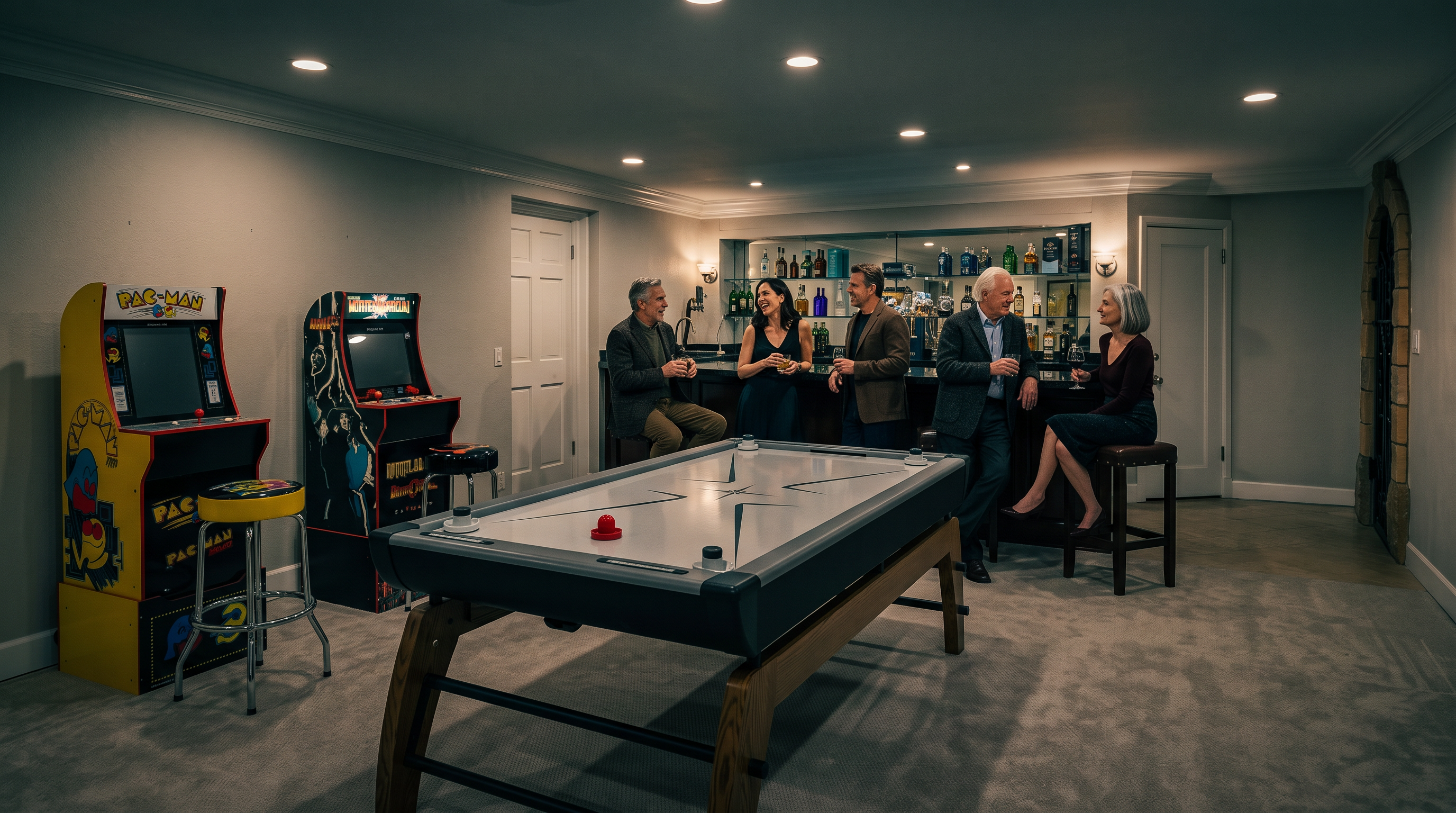 This finished basement serves as a dedicated entertainment space, featuring a central air hockey table and two classic arcade cabinets. In the background, a built-in wet bar with dark wood cabinetry, bar stools, and a mirrored back wall provides a sophisticated area for hosting. The room is illuminated by recessed lighting and features neutral carpeting, creating a comfortable and inviting atmosphere for recreation.