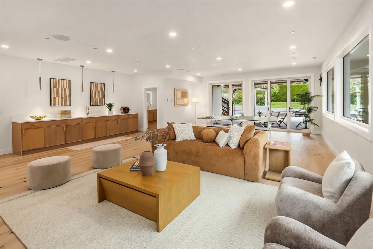 This spacious, light-filled living area features a contemporary design with light wood flooring and a neutral color palette. The room is furnished with a plush, textured sofa, a square wooden coffee table, and two round ottomans, creating a comfortable seating arrangement. A long, low-profile wooden cabinet lines the wall, while large glass doors at the back provide a view of the outdoor patio and a ping-pong table.