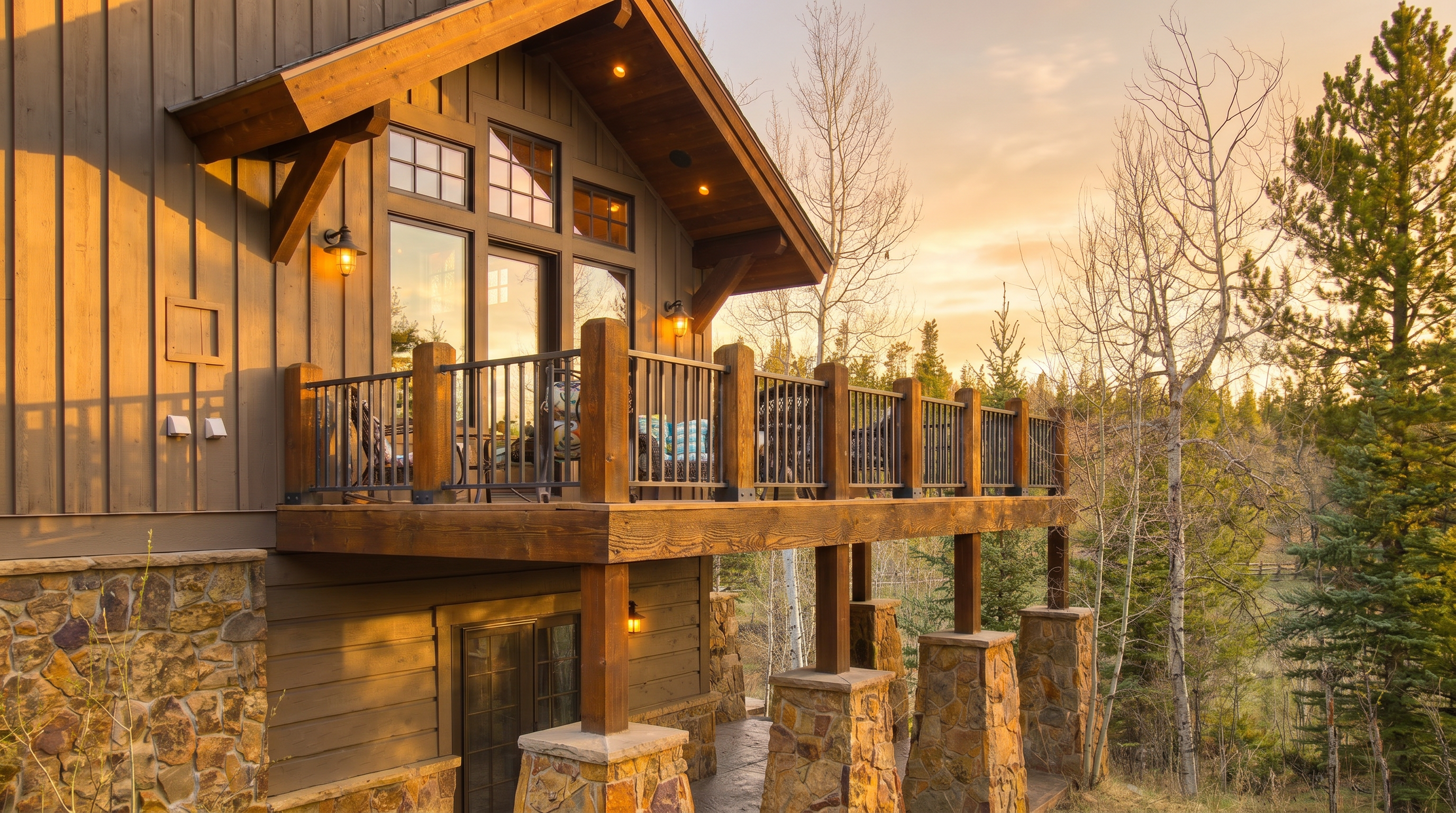 This image captures a rustic, elevated wooden deck attached to a multi-story home with a stone-clad foundation. The deck features a dark metal railing supported by sturdy timber posts, overlooking a natural, wooded landscape with aspen trees. The architectural style emphasizes natural materials and a mountain-inspired aesthetic, with large windows visible on the upper level.