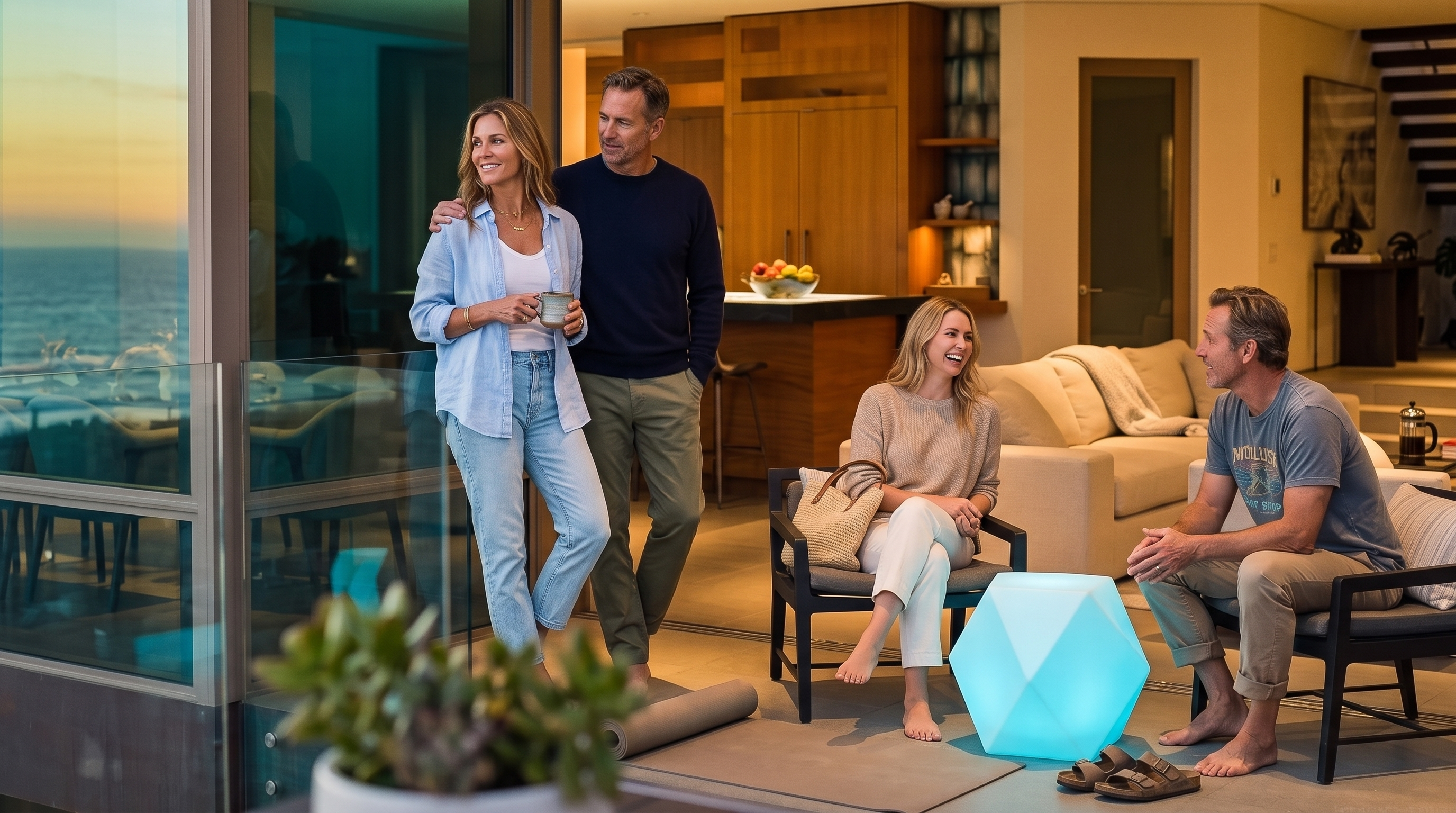 This contemporary residence features a multi-level design with a prominent balcony on the upper level and an expansive, open-concept living area on the main floor. The interior is visible through large glass walls, showcasing a dining space with teal chairs and a sophisticated living area with modern furniture and a geometric accent piece. The architectural style emphasizes clean lines, warm wood accents, and a seamless transition between indoor and outdoor living spaces.