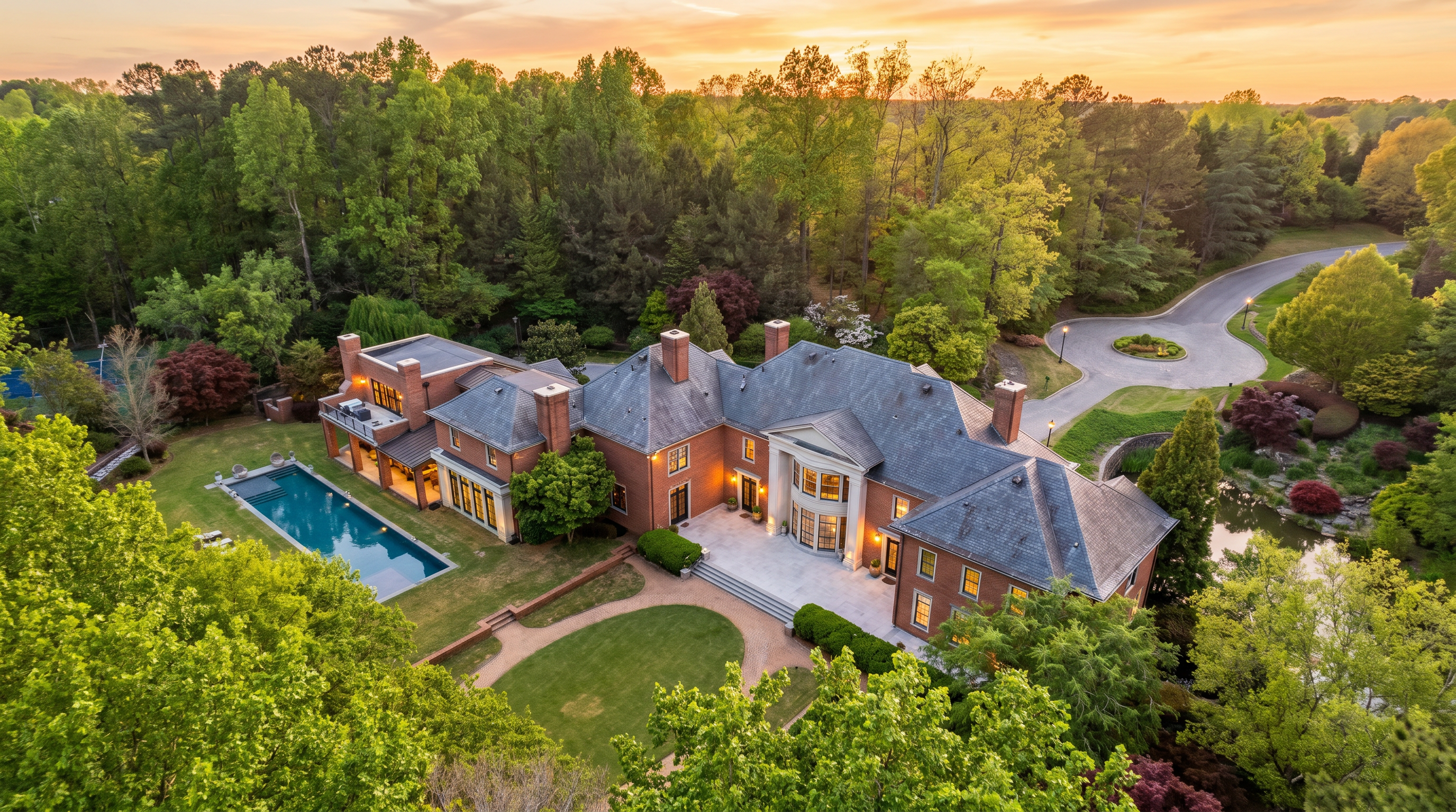 This high-angle aerial view captures a sprawling brick estate nestled within a lush, wooded landscape. The property features a rectangular swimming pool, a manicured circular driveway, and a serene pond, all set against a backdrop of mature trees. The architecture showcases a classic, stately design with multiple roof gables and a large rear patio area.