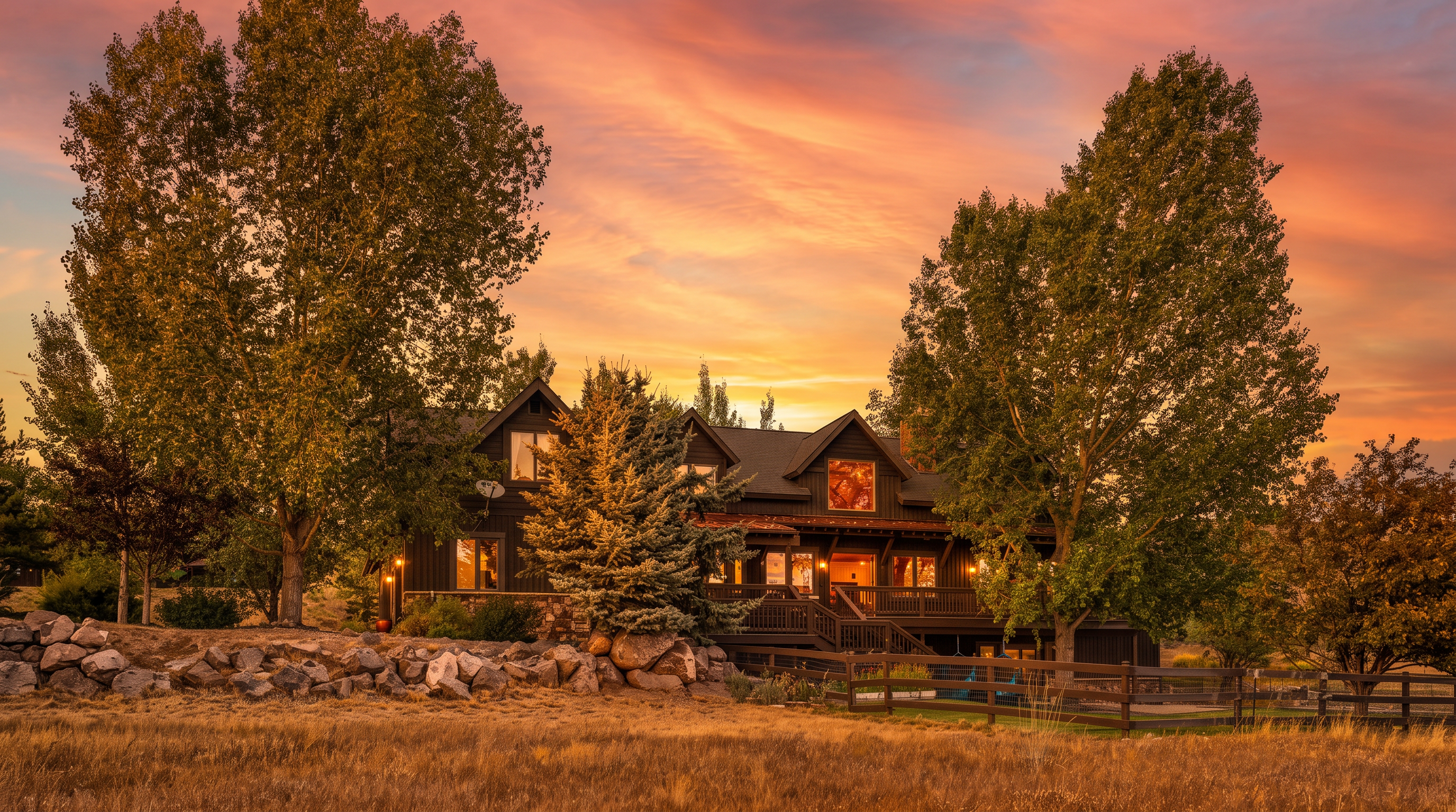 This rustic, multi-story home features dark wood siding, a sprawling wooden deck, and a classic gabled roofline. Set against a backdrop of mature trees and a dry, natural landscape, the property offers a peaceful, mountainous aesthetic. Notable features include a stone landscape wall and a fenced lower area, creating an inviting and well-integrated outdoor living space.