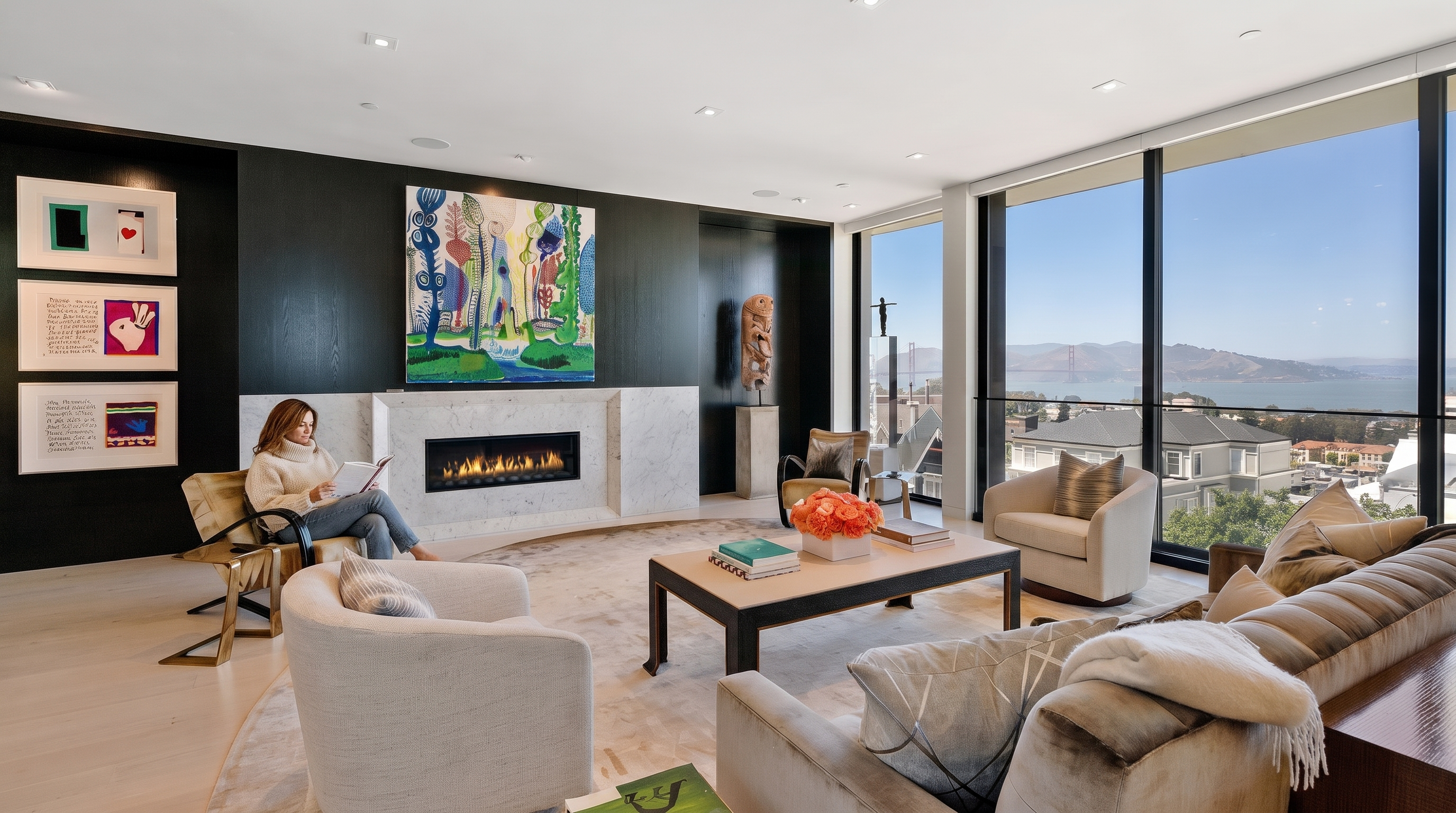 This sophisticated living room features a dark accent wall with a central fireplace framed by a light-toned stone surround. Large windows provide expansive views of the bay and bridge, bathing the space in natural light. The room is furnished with a neutral-toned sofa, several armchairs, and a central coffee table, creating an elegant and inviting atmosphere.