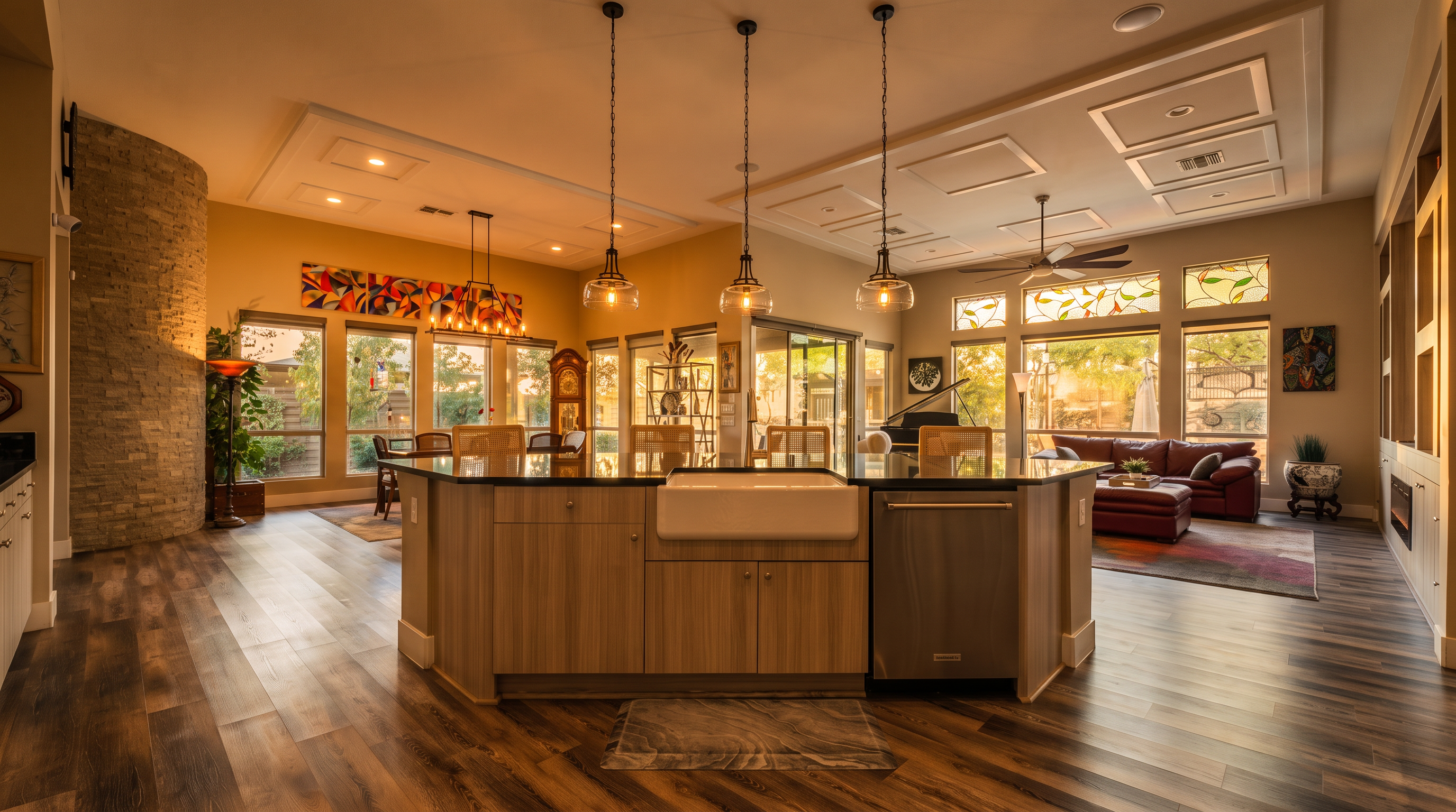 This spacious, open-concept kitchen features a large central island with a farmhouse-style sink and integrated stainless steel dishwasher, accented by contemporary light-wood cabinetry. The space flows seamlessly into a living and dining area, characterized by vaulted ceilings with coffered details, wood-look plank flooring, and expansive windows that provide ample natural light. The overall aesthetic is warm and inviting, blending modern finishes with a functional layout ideal for entertaining.