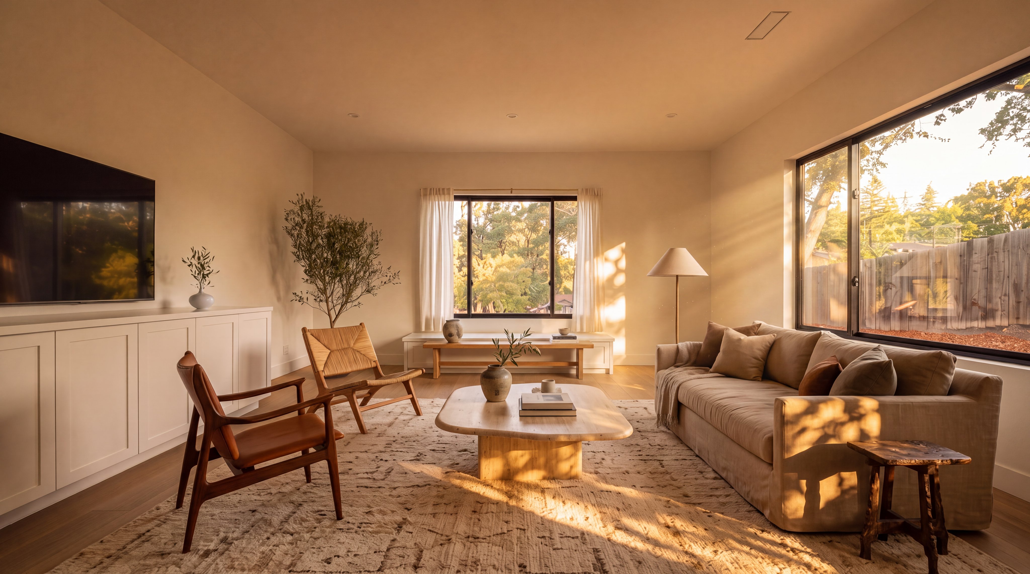 This bright and airy living room features a modern, neutral design with a tan leather sectional sofa, a unique sculptural coffee table, and two accent chairs. The room is anchored by a large, textured area rug and complemented by built-in white cabinetry, a potted tree, and a wooden hutch. Large windows bathe the space in natural light, creating a clean, inviting, and sophisticated atmosphere.