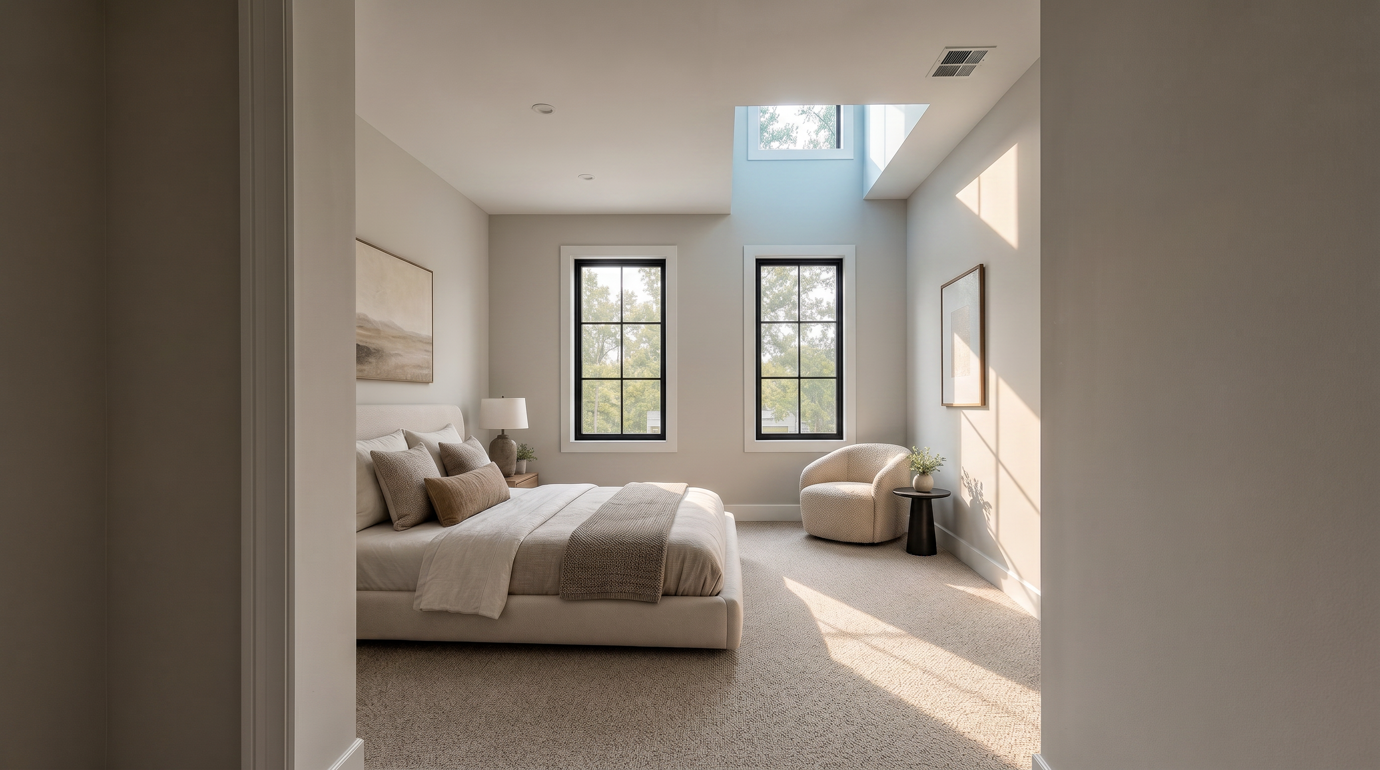 This image shows a bedroom under construction, characterized by freshly installed drywall that has yet to be painted. The room features two large windows providing natural light and a high ceiling with a small lofted area above, accessible via a wooden step ladder. The unfinished state reveals the foundational structure of the room, offering a blank canvas for potential customization and finishes.