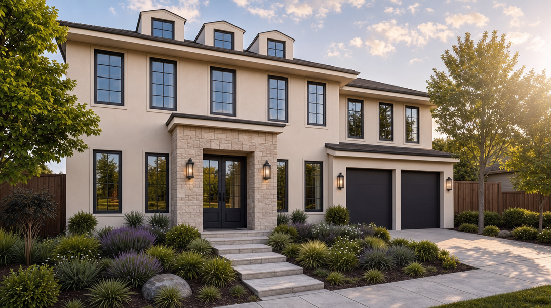 This elegant, two-story residence features a sophisticated cream-colored stucco facade with dark-framed windows and a prominent stone entryway. The home includes a double garage, three dormer windows, and a beautifully manicured front garden filled with lush shrubs and ornamental grasses. The overall aesthetic is modern and inviting, enhanced by warm, ambient outdoor lighting.