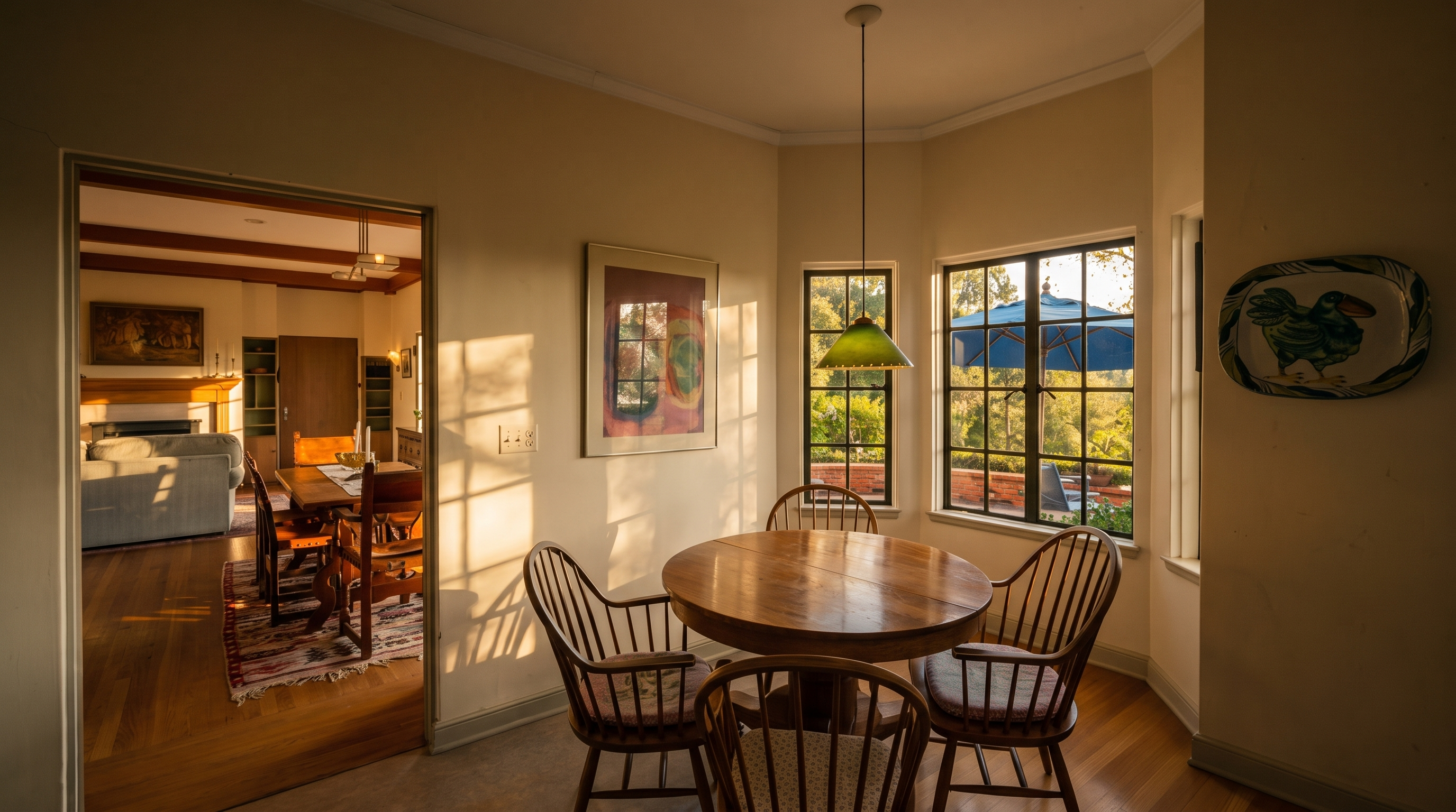 This bright dining area features a round wooden table surrounded by spindle-back chairs, positioned beneath a pendant light. A large opening provides a view into an adjacent living space with hardwood floors and a fireplace, while windows offer a glimpse of the outdoor greenery. The room is decorated with a framed piece of art and a decorative plate, creating a warm and inviting atmosphere.