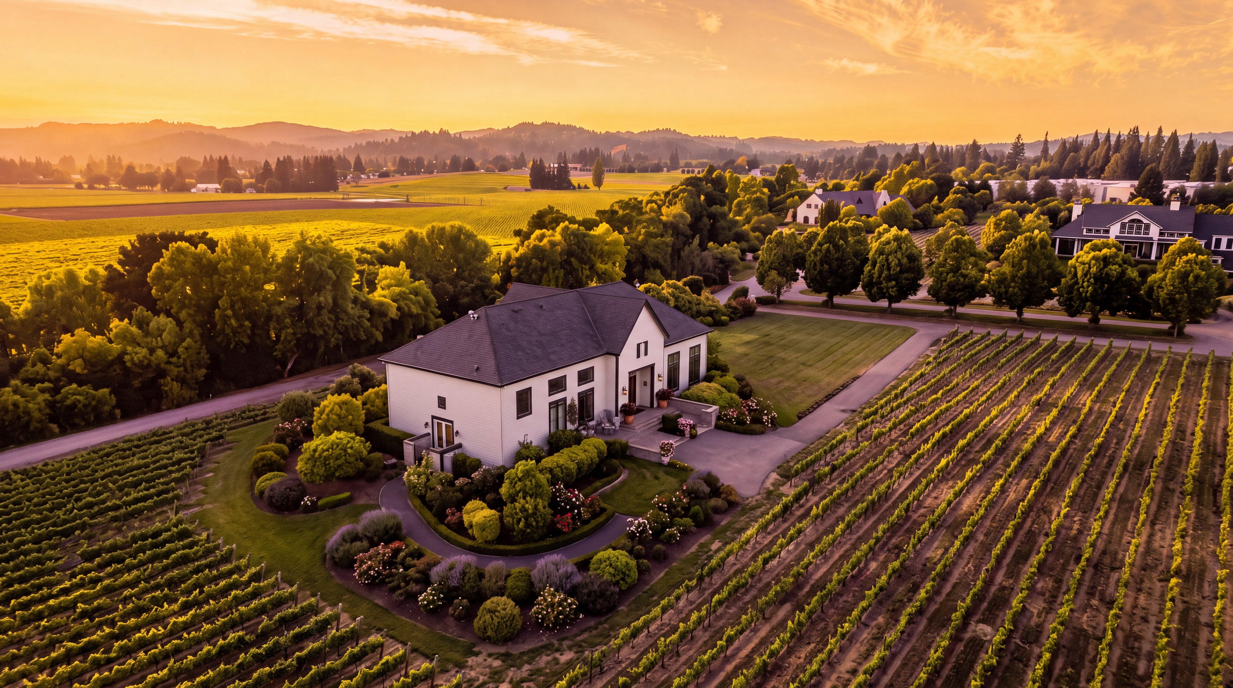 This breathtaking aerial view showcases a modern, light-colored farmhouse nestled within a lush, expansive vineyard at sunset. The property features a meticulously landscaped garden, a paved driveway, and a sophisticated architectural design that blends seamlessly into the rolling rural landscape. The scene exudes an aura of luxury, tranquility, and pastoral charm, making it an idyllic estate retreat.