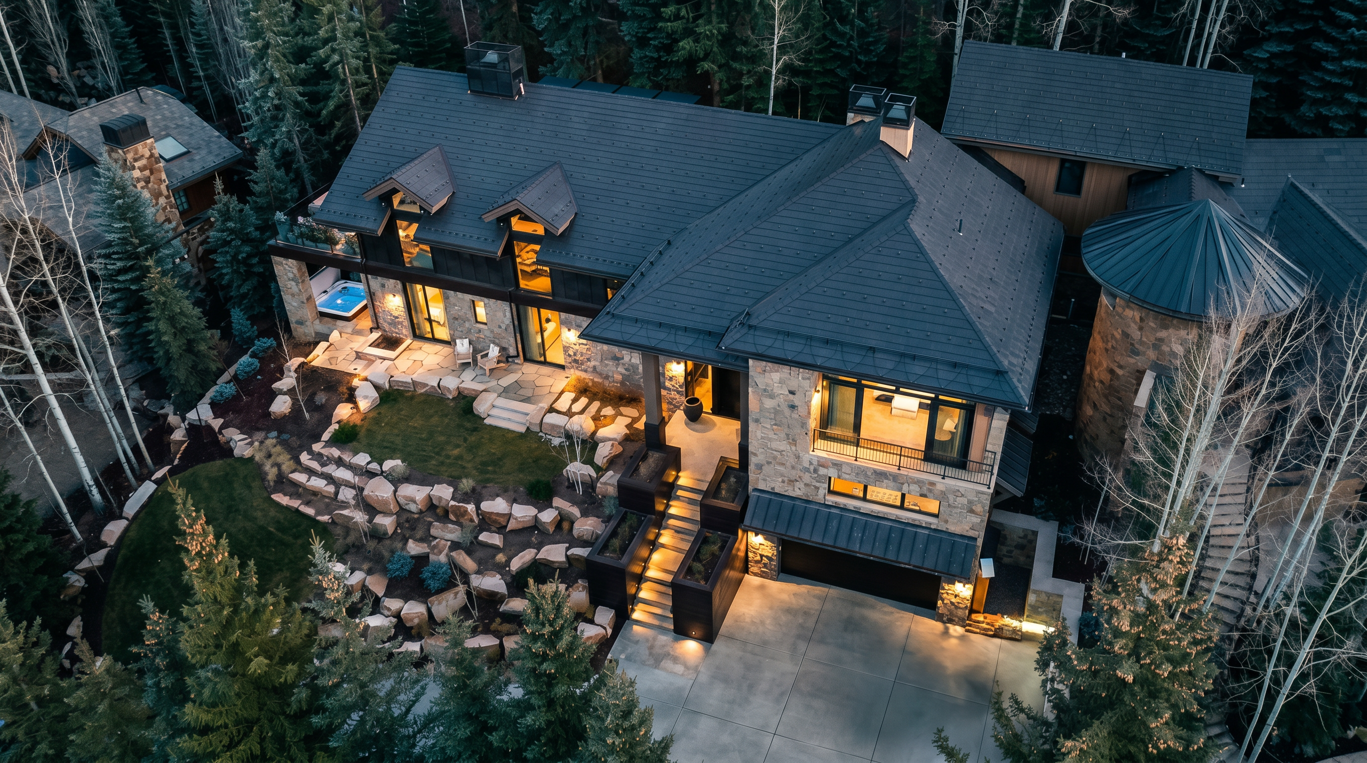 This high-angle aerial view captures a luxurious mountain estate nestled within a dense forest. The home features a complex roofline with dark shingles, stone exterior walls, and a prominent circular turret, complemented by a tiered stone-landscaped yard and a private hot tub on the patio. The perspective highlights the property's integration into the natural landscape, showcasing the driveway, garage, and multi-level outdoor living spaces.