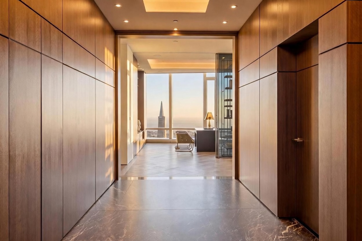 This perspective captures a transition space featuring a dark stone-tiled floor that leads into a bright, open office area. The hallway is flanked by warm-toned wood paneling on both sides, creating a sophisticated and modern aesthetic. Through the large windows at the end of the hall, there is a clear view of a prominent skyscraper, emphasizing the high-rise location and urban setting.