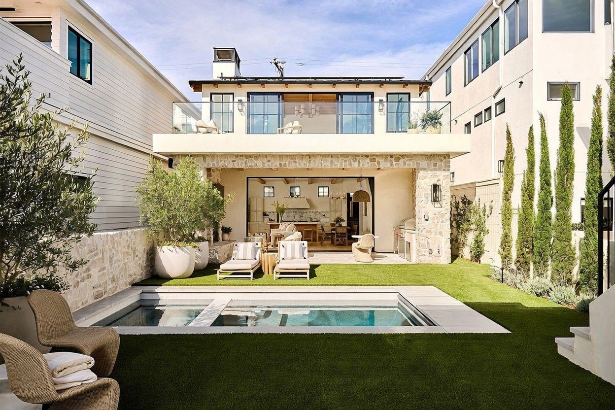 This rear view of a modern luxury home showcases a seamless indoor-outdoor living space with a covered patio, a rectangular swimming pool, and a manicured lawn. The architecture features a stone-clad ground level with large sliding glass doors that open to the interior, while the upper level includes a glass-railed balcony. Tall, slender cypress trees line the side of the property, enhancing the private and sophisticated atmosphere of the backyard.