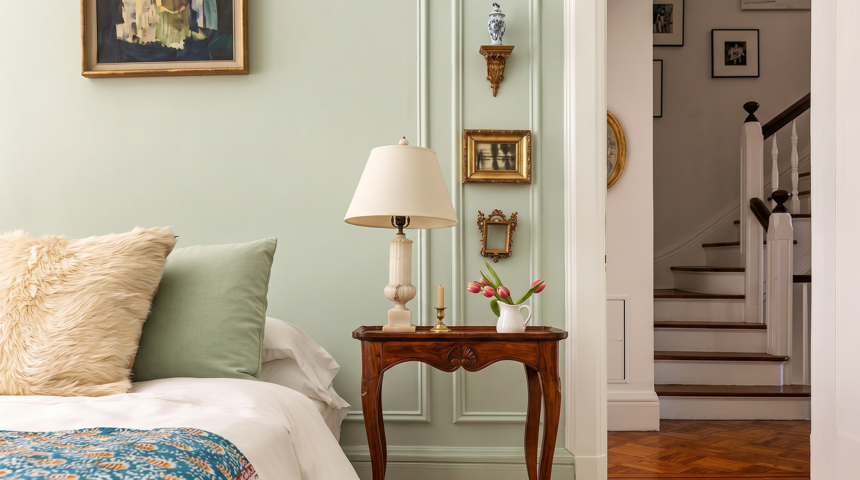 This elegant bedroom features soft sage green paneled walls and a classic wooden side table topped with a lamp and a small vase of flowers. A cozy bed with a textured throw pillow and a vibrant patterned quilt sits in the foreground, while an open doorway reveals a glimpse of a staircase and hallway. The room exudes a refined, traditional charm with its curated wall art and warm, inviting atmosphere.