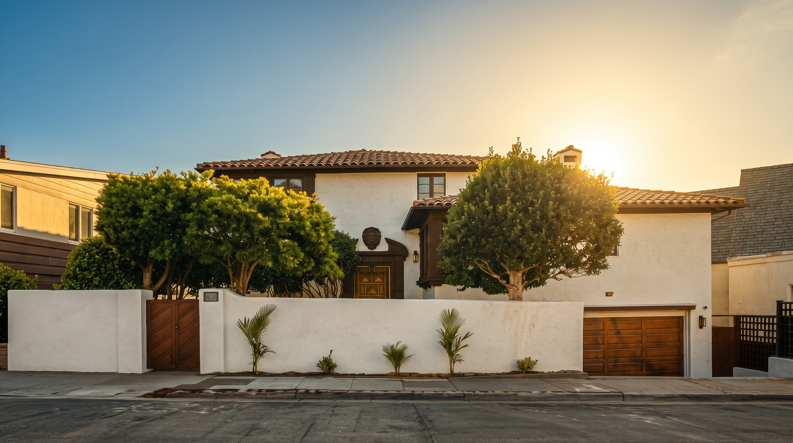 This front-facing view captures a Mediterranean-style residence featuring a white stucco facade and a terracotta tile roof. A prominent white perimeter wall encloses the front courtyard, which is accented by mature trees and small ornamental plants. The perspective is a straight-on eye-level shot, highlighting the home's symmetrical architecture, arched entryway, and integrated garage.
