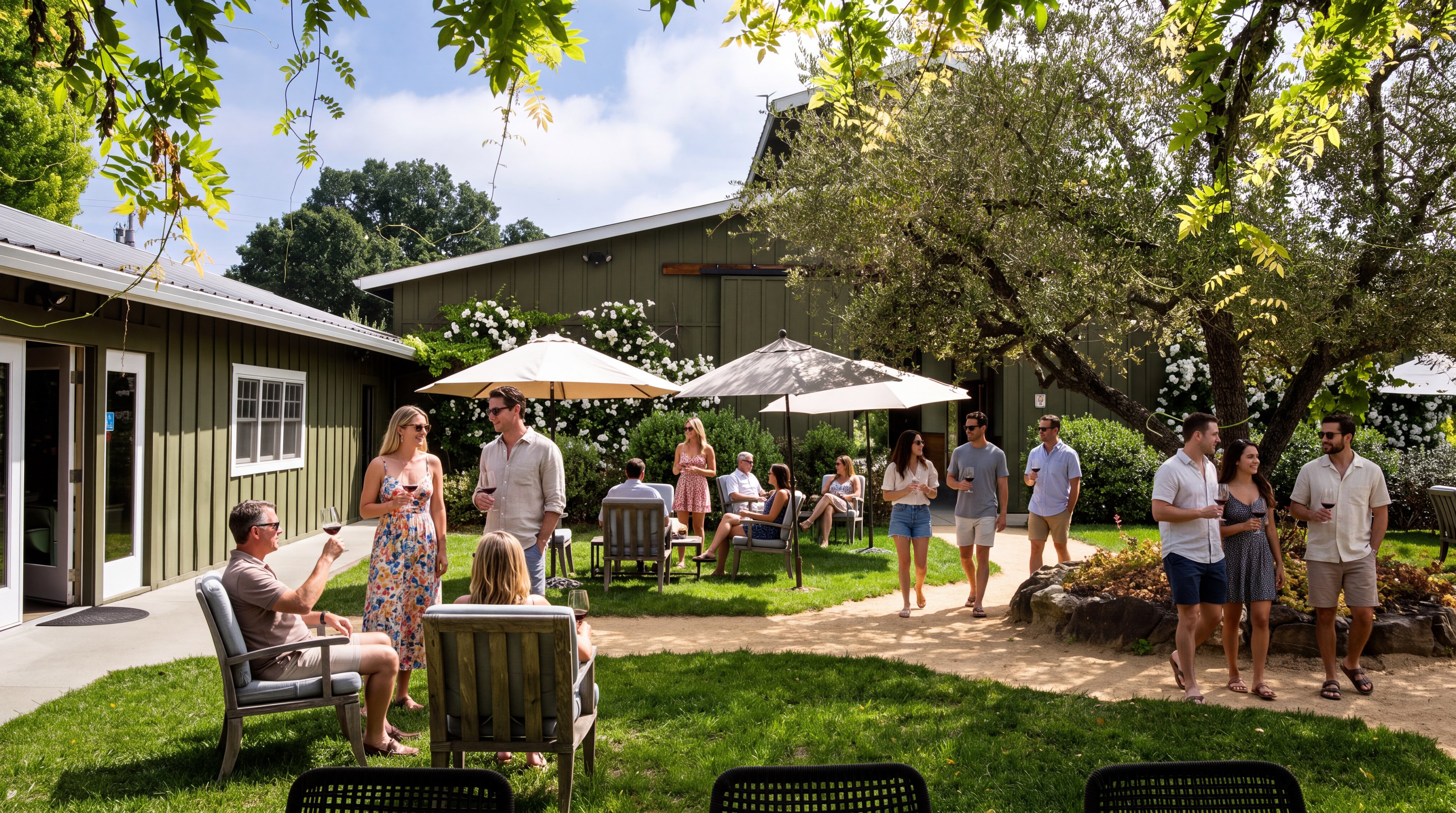This inviting outdoor space features a well-manicured lawn with several comfortable seating areas shaded by umbrellas. The property is accented by mature trees, flowering vines, and gravel walkways, creating a peaceful and picturesque garden setting. It offers a charming atmosphere perfect for relaxation or social gatherings in an exterior living environment.