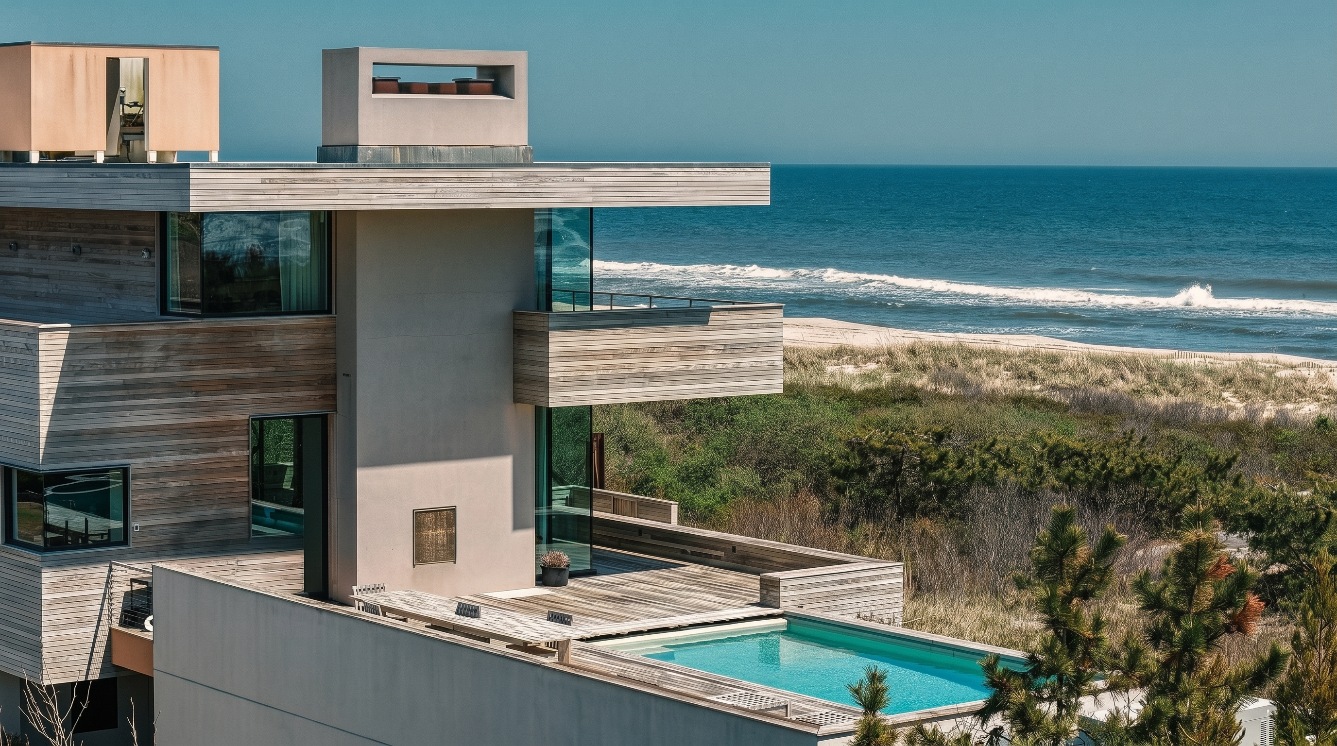This high-angle shot captures a modern, multi-level coastal residence characterized by its clean lines, horizontal wood siding, and expansive glass walls. The property features a prominent rooftop pool overlooking the dunes and the ocean, with a tiered deck design that seamlessly integrates indoor and outdoor living spaces. The architectural style is minimalist and sophisticated, emphasizing the connection between the structure and its natural beachfront environment.