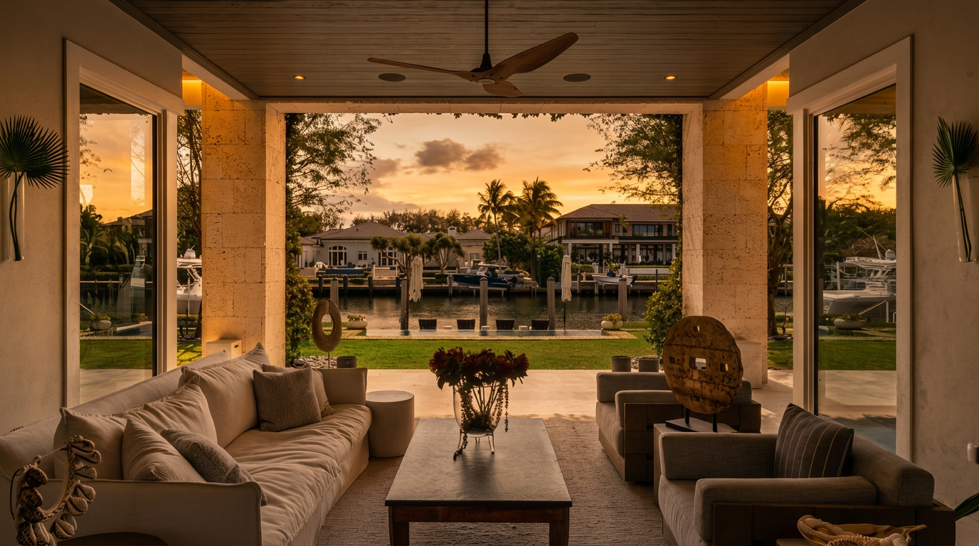 This covered outdoor living space features a comfortable seating area with a plush sofa and armchairs arranged around a central coffee table. The space is framed by stone pillars and opens directly to a scenic waterfront view, complete with a manicured lawn and private boat dock. The neutral color palette and natural textures create a serene, high-end atmosphere perfect for relaxing or entertaining.