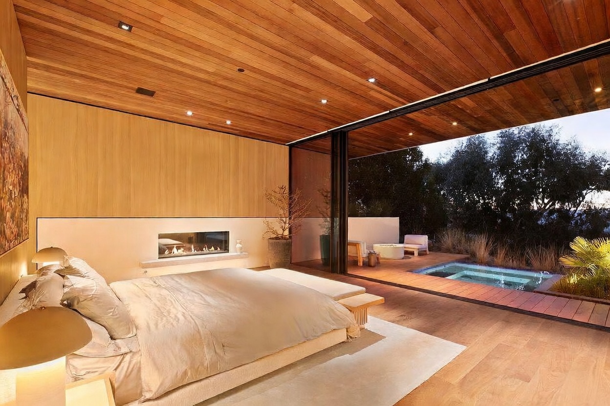 This luxurious primary bedroom features a seamless indoor-outdoor transition with floor-to-ceiling glass walls that open onto a private deck with a spa. The room is defined by warm wood-paneled ceilings, a sleek linear fireplace, and a minimalist aesthetic that emphasizes comfort and high-end design. The perspective captures the serene atmosphere of the bedroom while highlighting the integrated outdoor living space.