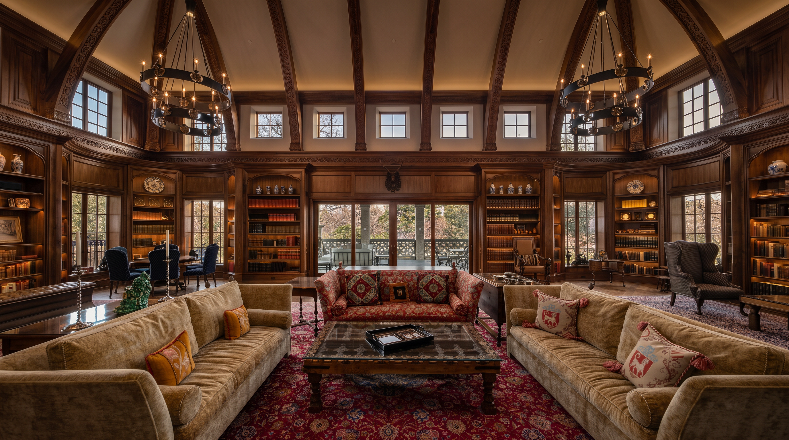 This grand, wood-paneled living room features a vaulted ceiling with exposed beams and two large, ornate chandeliers. The space is furnished with two plush, light-colored sofas facing a central coffee table, complemented by a vibrant red patterned rug and a third sofa with a decorative floral print. Large windows and glass doors provide ample natural light and a view of the outdoor terrace, creating an atmosphere of traditional elegance and sophistication.