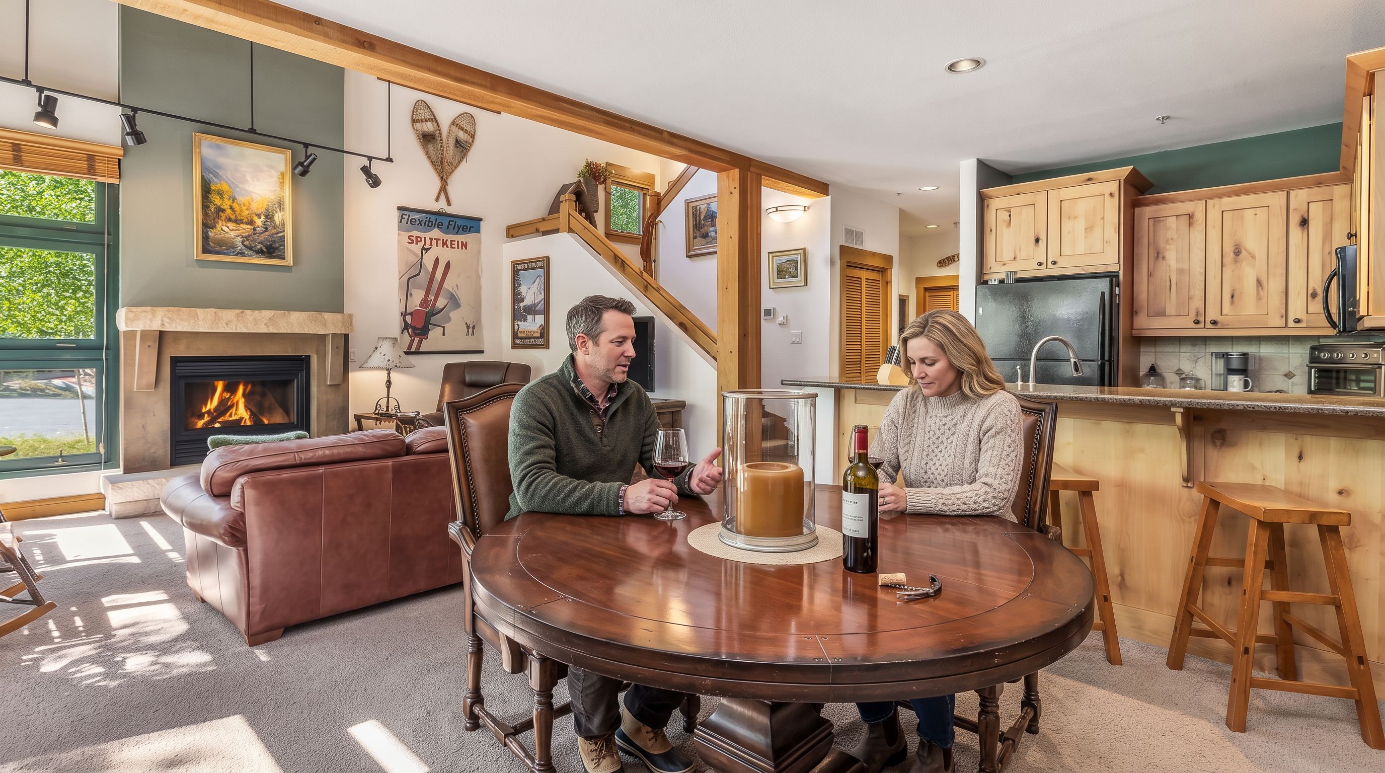This open-concept living and dining area features a warm, rustic aesthetic with a stone-clad fireplace as a central focal point. The space includes a round wooden dining table surrounded by leather chairs, a comfortable leather sofa, and a kitchen with light wood cabinetry and a breakfast bar. Large windows allow natural light to fill the room, highlighting the exposed wooden beams and cozy, inviting atmosphere.