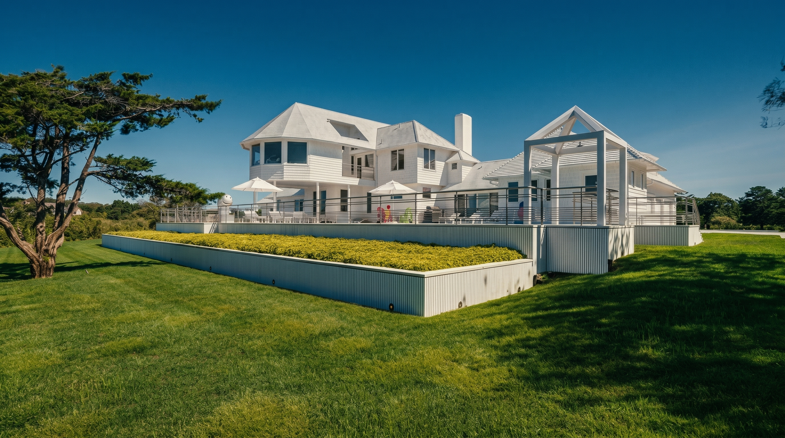 This rear view of a large, white-sided coastal home showcases an expansive elevated deck with metal railings overlooking a manicured lawn. The architecture features a prominent multi-faceted bay window section, a pergola-covered patio area, and a raised garden bed filled with lush greenery. The bright, sunny day highlights the clean lines of the structure and the open, airy feel of the property's outdoor living spaces.