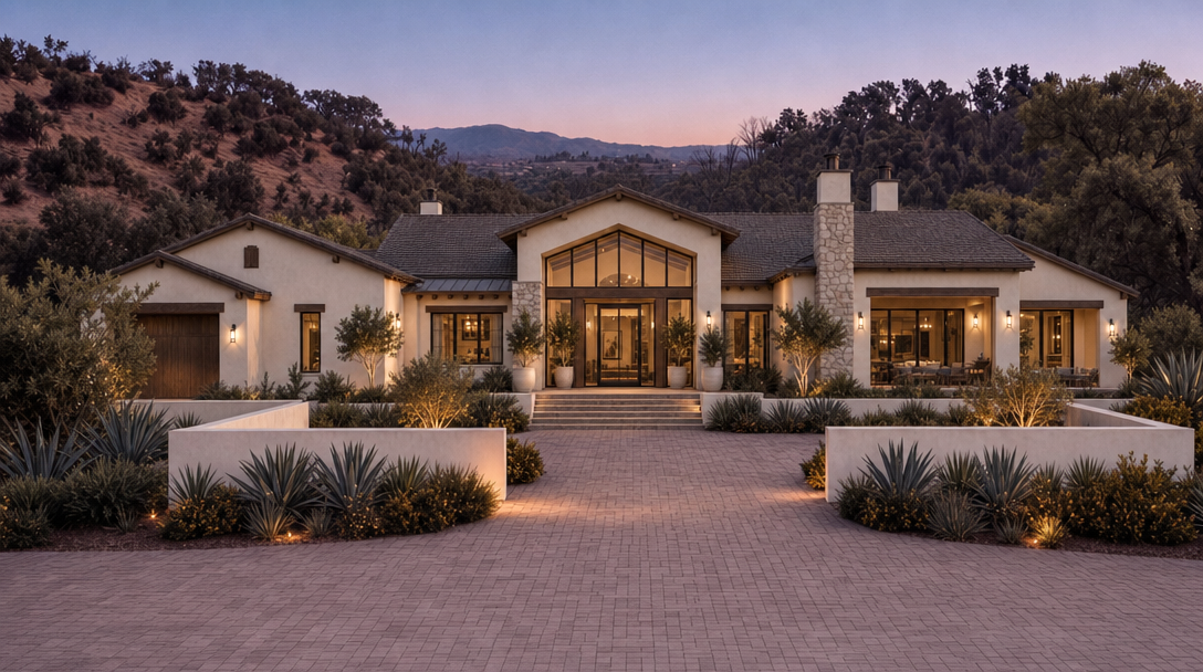 This stunning custom luxury estate features a sophisticated Mediterranean-modern aesthetic with a symmetrical stucco facade, stone chimneys, and expansive floor-to-ceiling glass entryway. The property is framed by meticulously landscaped desert-inspired gardens, including agave and olive trees, all set against a dramatic mountainous backdrop at twilight. The warm exterior lighting and stone-paved driveway enhance the home's grand, welcoming curb appeal.