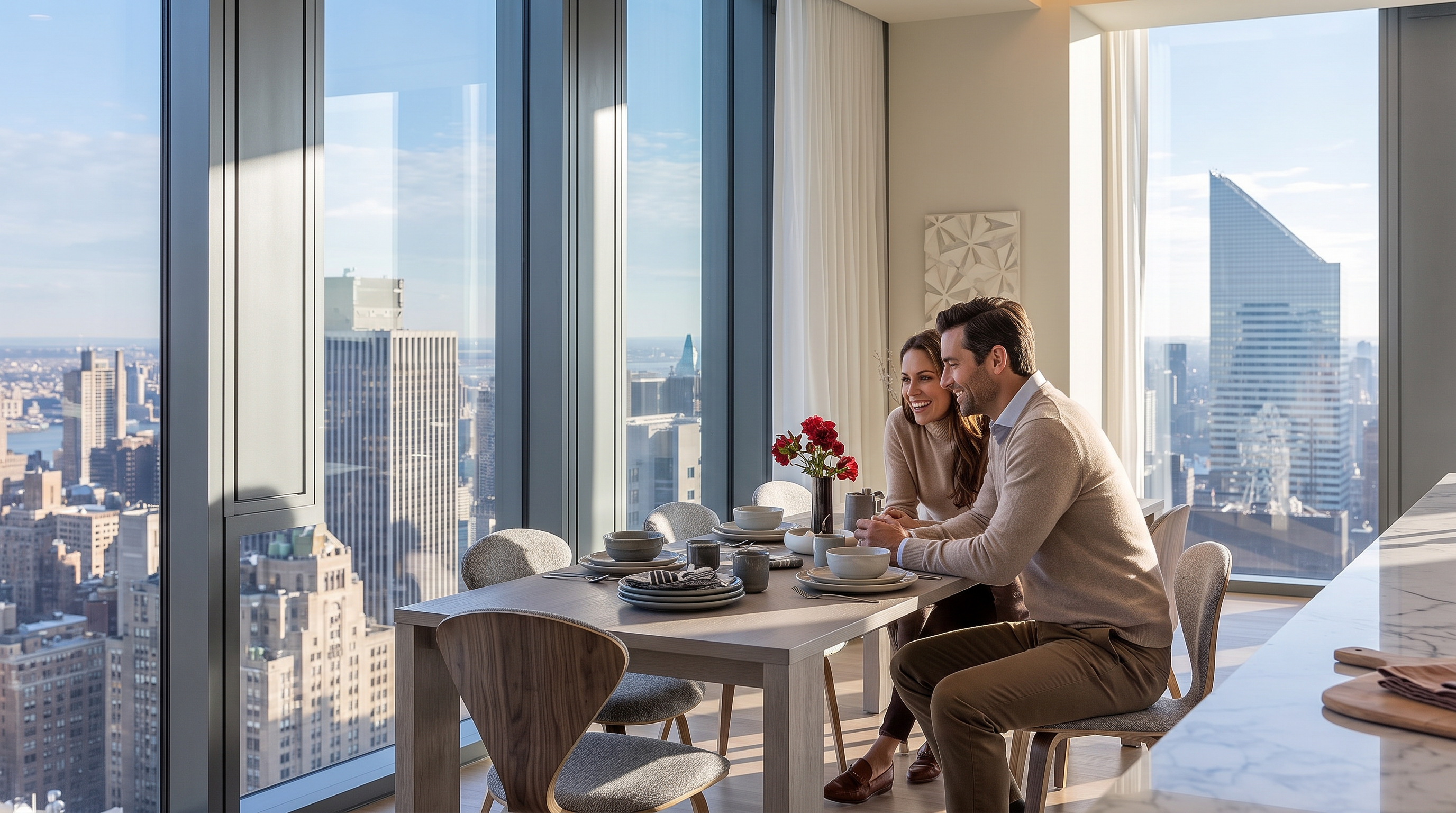 This elegant, light-filled dining room features contemporary furnishings and large, floor-to-ceiling windows that provide expansive, panoramic views of the city skyline. The space centers around a sleek, light-toned dining table and modern chairs, creating an intimate setting enhanced by high-end interior design. It perfectly captures a luxurious urban lifestyle, emphasizing natural light and architectural interest.