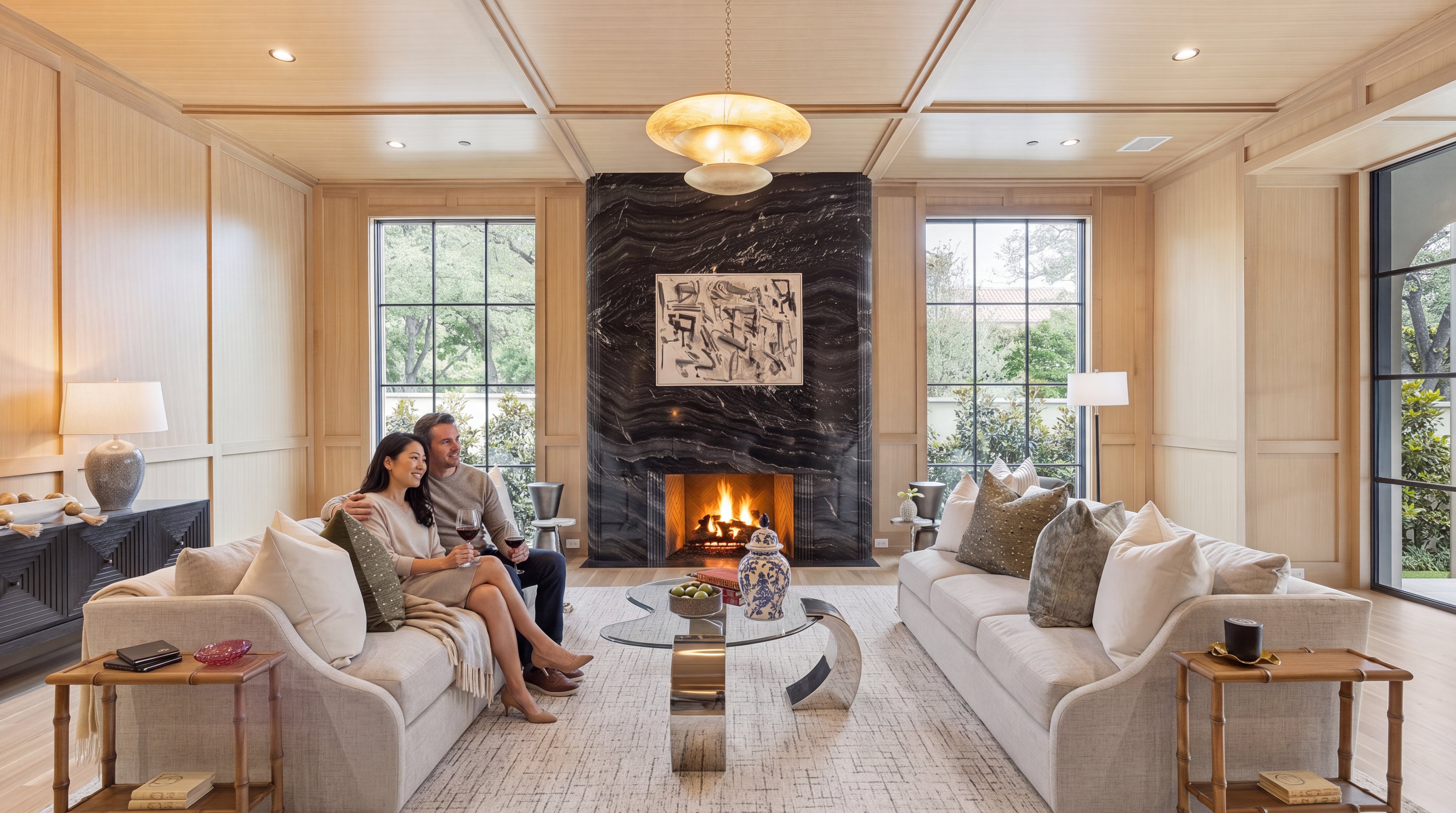 This sophisticated living room features exquisite wood-paneled walls and a stunning floor-to-ceiling black marble fireplace as the central focal point. The space is furnished with two plush neutral-toned sofas, a modern glass-top coffee table, and large windows that provide an abundance of natural light and garden views. The combination of high-end materials, custom cabinetry detailing, and elegant decor creates a luxurious and inviting atmosphere.
