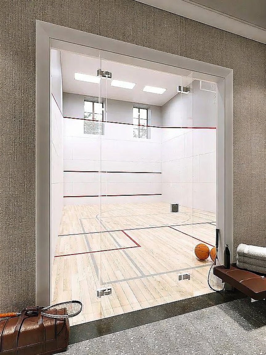 This image showcases a dedicated squash court viewed through a large, clear glass partition from an adjacent hallway. The court features light wood flooring with painted court markings, white walls with red horizontal lines, and two windows at the far end. In the foreground, a brown leather sports bag, a squash racket, a basketball, and a bench with folded towels create an inviting, active atmosphere.