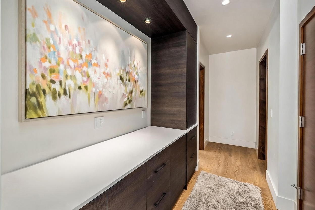 This elegant hallway features a built-in wet bar area with dark wood cabinetry, a white countertop, and a modern sink. A large, vibrant abstract painting hangs above the counter, illuminated by recessed lighting, while a textured rug lies on the light wood flooring. The perspective looks down the hallway, showcasing a clean, contemporary design with neutral walls and warm wood accents.