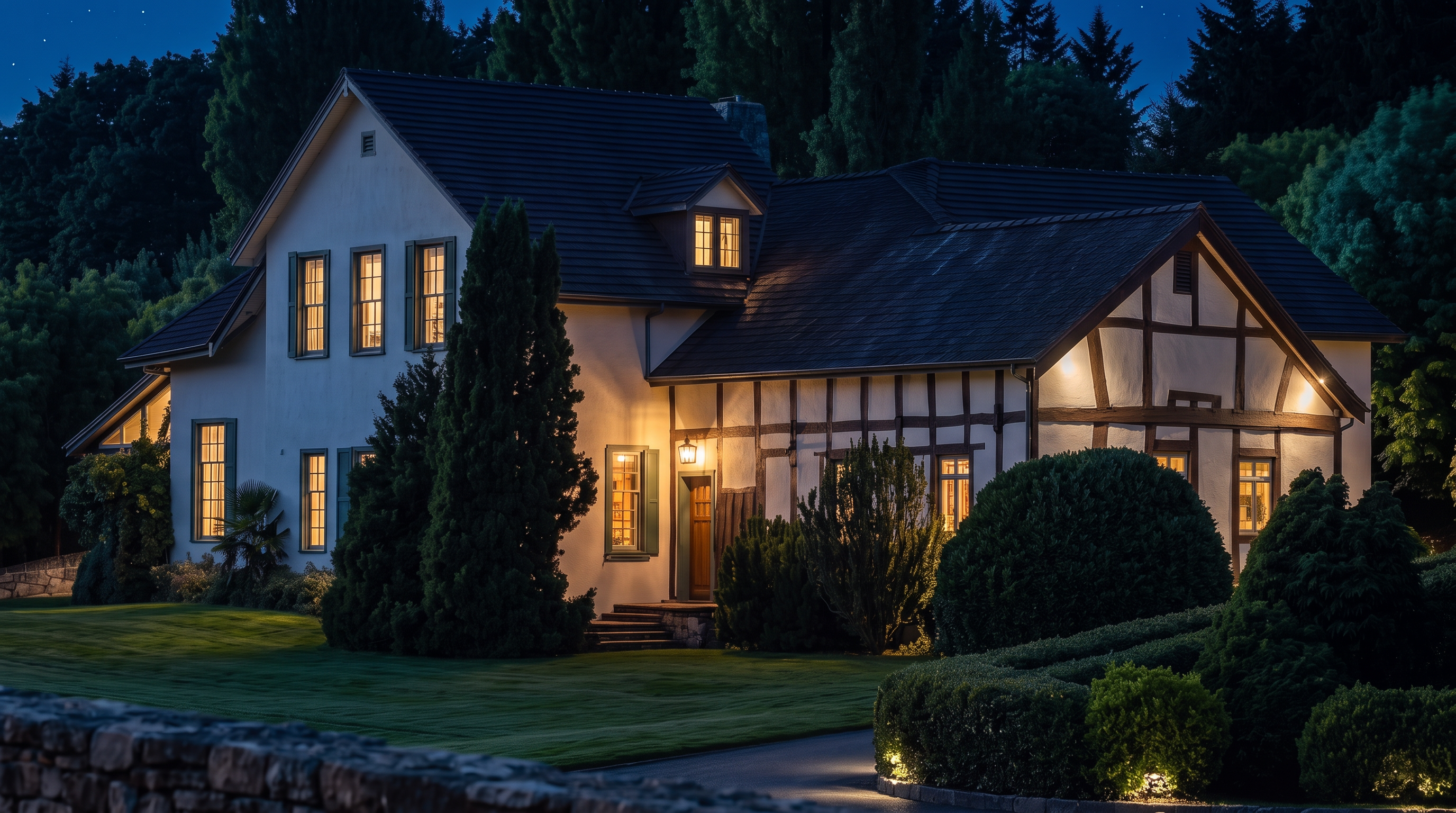 This charming, multi-gabled home features a unique blend of white stucco and traditional half-timbered architectural elements. Nestled in a lush, manicured landscape with mature trees and shaped shrubbery, the property exudes a sense of storybook elegance. The well-defined entryway, stone-accented steps, and warm ambient lighting create an inviting and peaceful curb appeal.