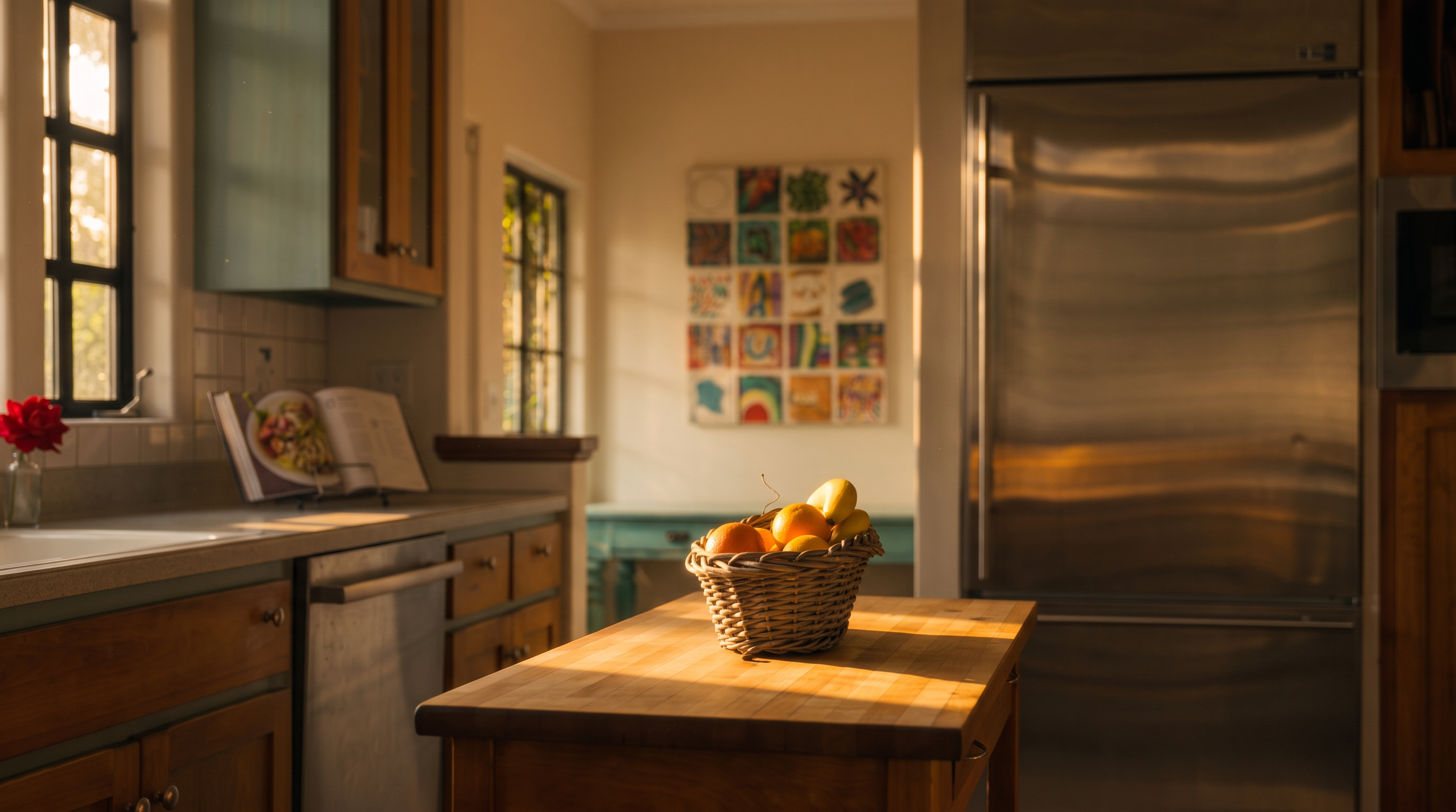 This bright, well-appointed kitchen features a blend of natural wood cabinetry and light blue accents, creating a warm and inviting atmosphere. A central wooden island provides additional workspace, while stainless steel appliances, including a professional-style range and a large refrigerator, offer modern functionality. The space is illuminated by a pendant light and recessed lighting, with a small breakfast area visible in the background.