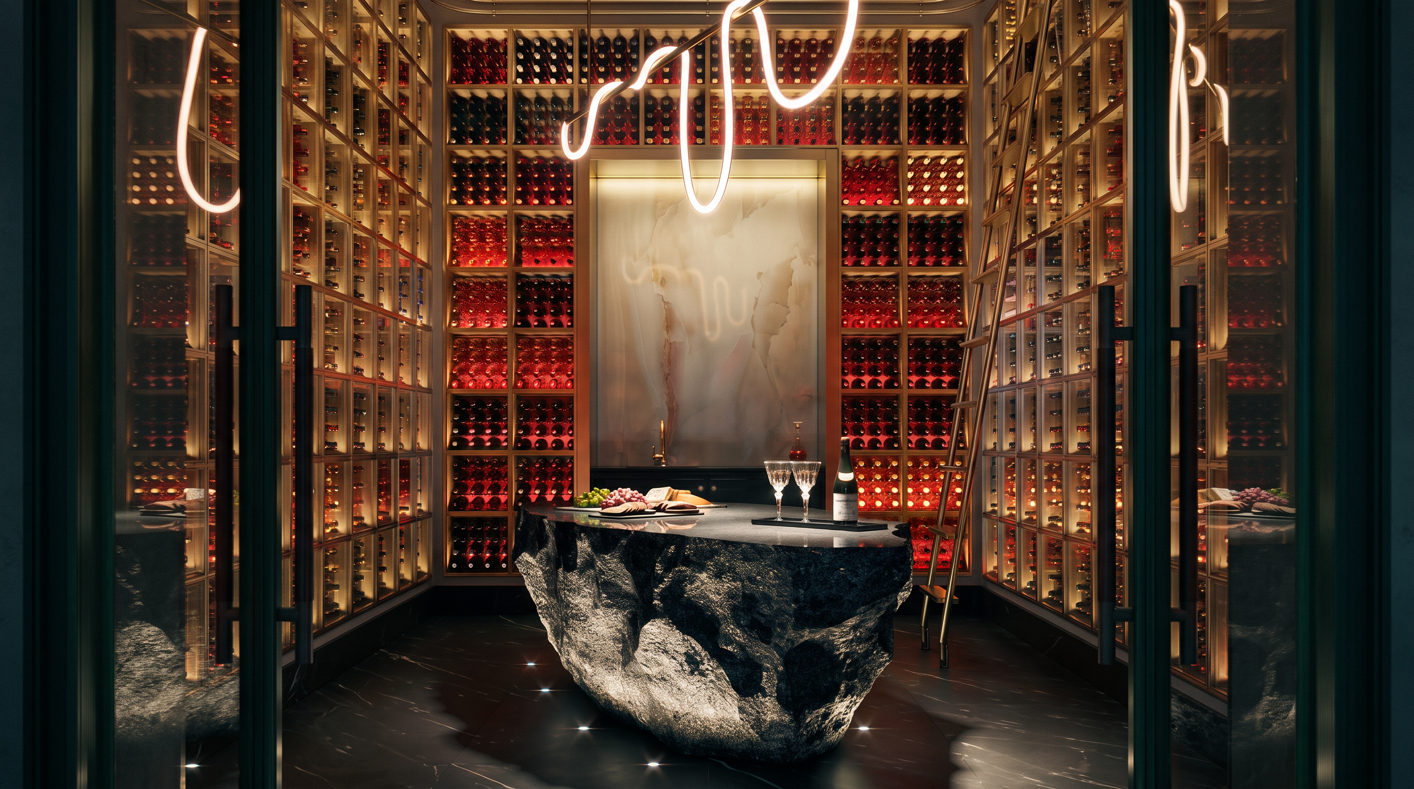 This sophisticated wine cellar features extensive grid-style shelving filled with wine bottles, illuminated by warm accent lighting. A central island with a rugged, textured stone base serves as a focal point, topped with a smooth surface for tasting or display. The space is framed by a modern, sculptural light fixture and a rolling library-style ladder, creating an atmosphere of refined luxury and exclusivity.