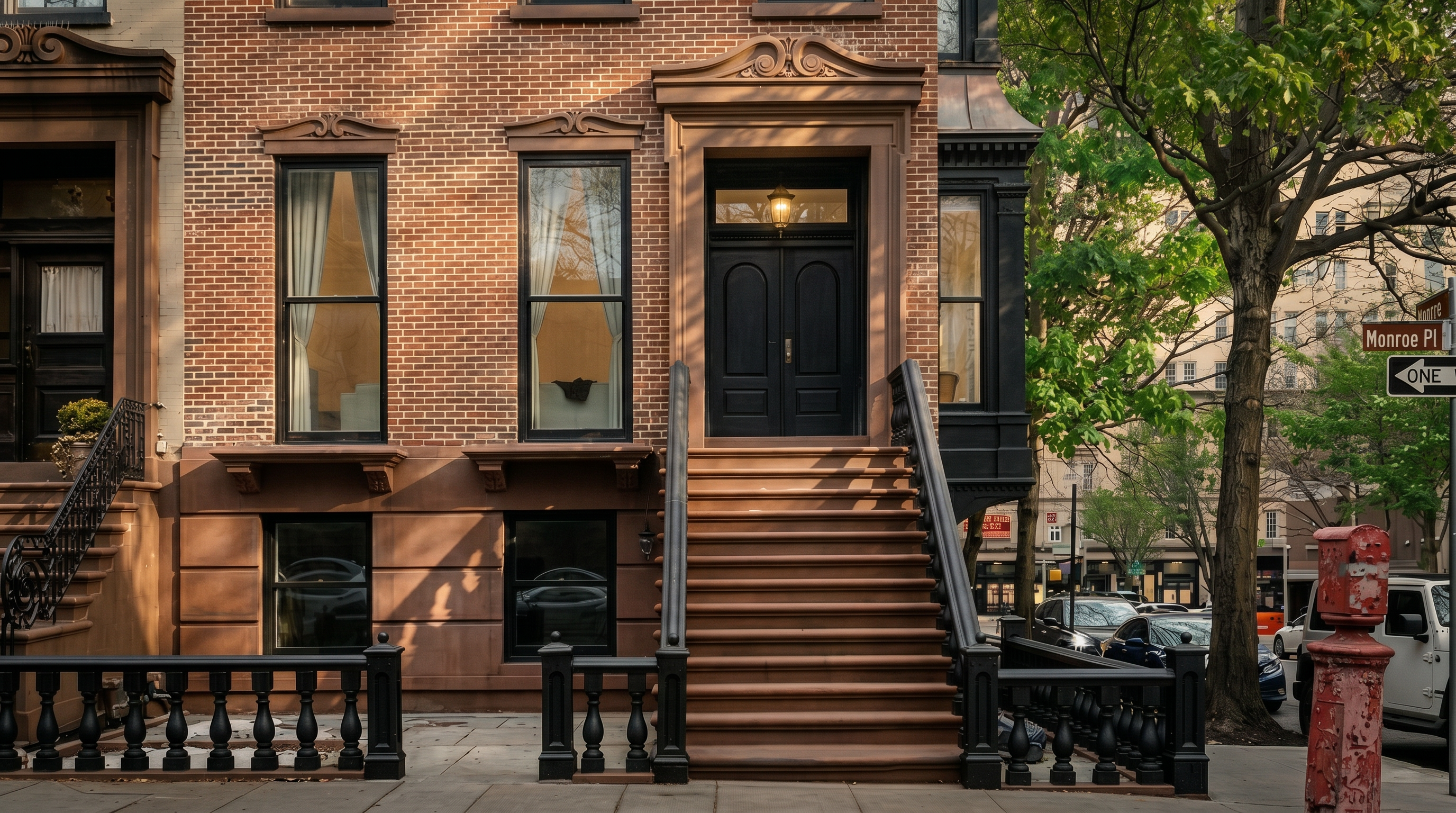This classic brownstone features a commanding front entrance with a double-door entryway accessed by a set of wide stairs. The red brick façade is complemented by black iron railings and uniform, multi-pane windows that give the property a traditional and stately urban feel. The street-level setting includes a sidewalk, adding to the authentic neighborhood character of this historic residential building.