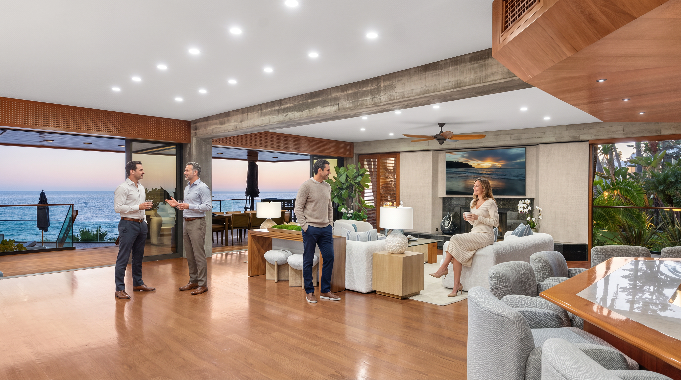 This spacious, modern open-concept living area features warm wood flooring, high-end contemporary furnishings, and a seamless transition to a deck overlooking the ocean. A large flat-screen TV is mounted above a fireplace, creating a focal point, while floor-to-ceiling glass walls provide stunning sunset views. The room is designed for luxury entertaining, characterized by refined textures, ambient recessed lighting, and a sophisticated, inviting atmosphere.