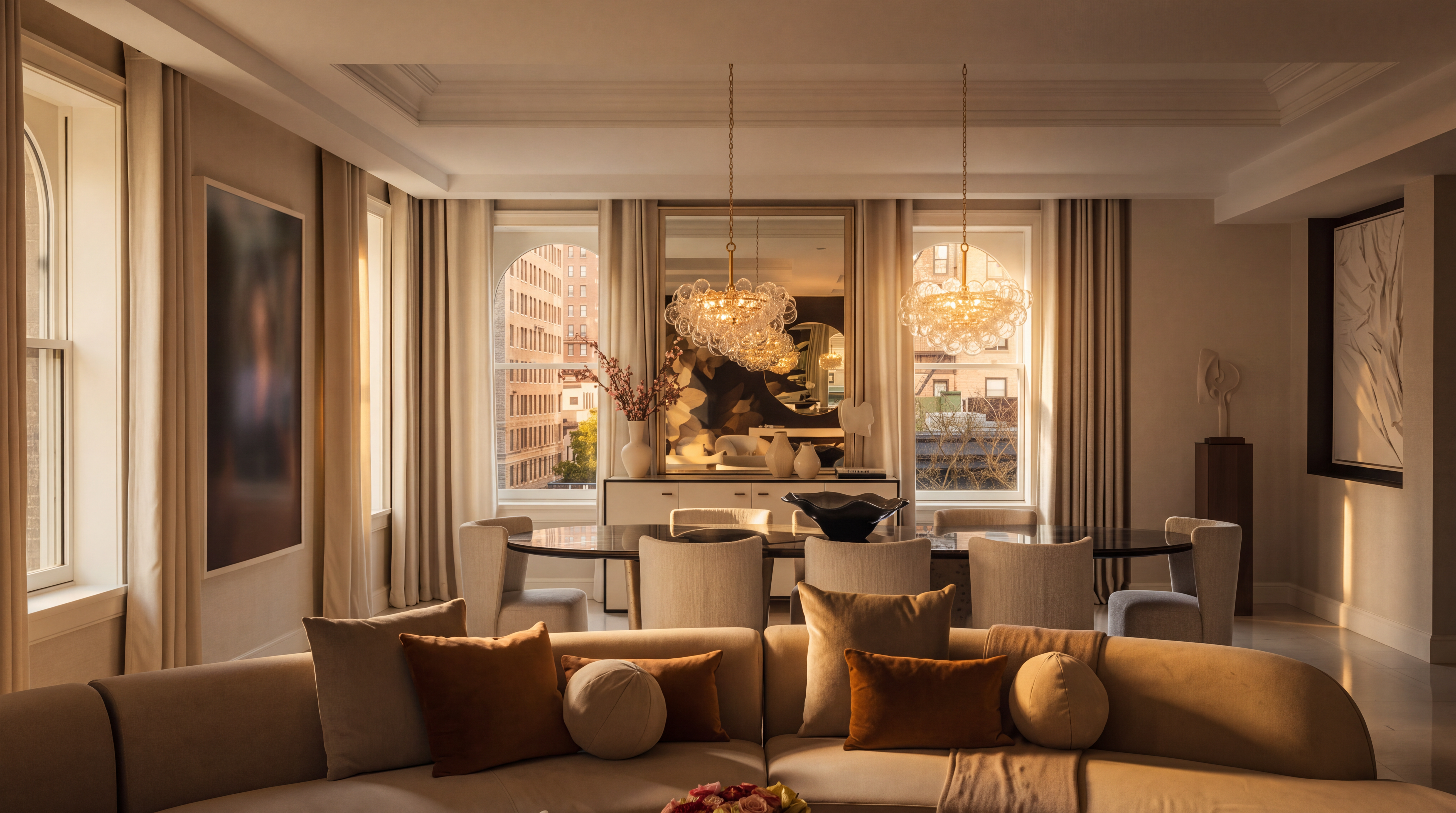 This elegant open-concept living and dining area features a sophisticated, neutral color palette with a large, curved sectional sofa as the focal point. The space is anchored by a dining table set for six, illuminated by two ornate, spherical glass chandeliers, and framed by tall windows with soft drapery. A large mirror behind the dining sideboard enhances the sense of depth, while curated artwork and a floral centerpiece add refined touches to this bright, airy interior.