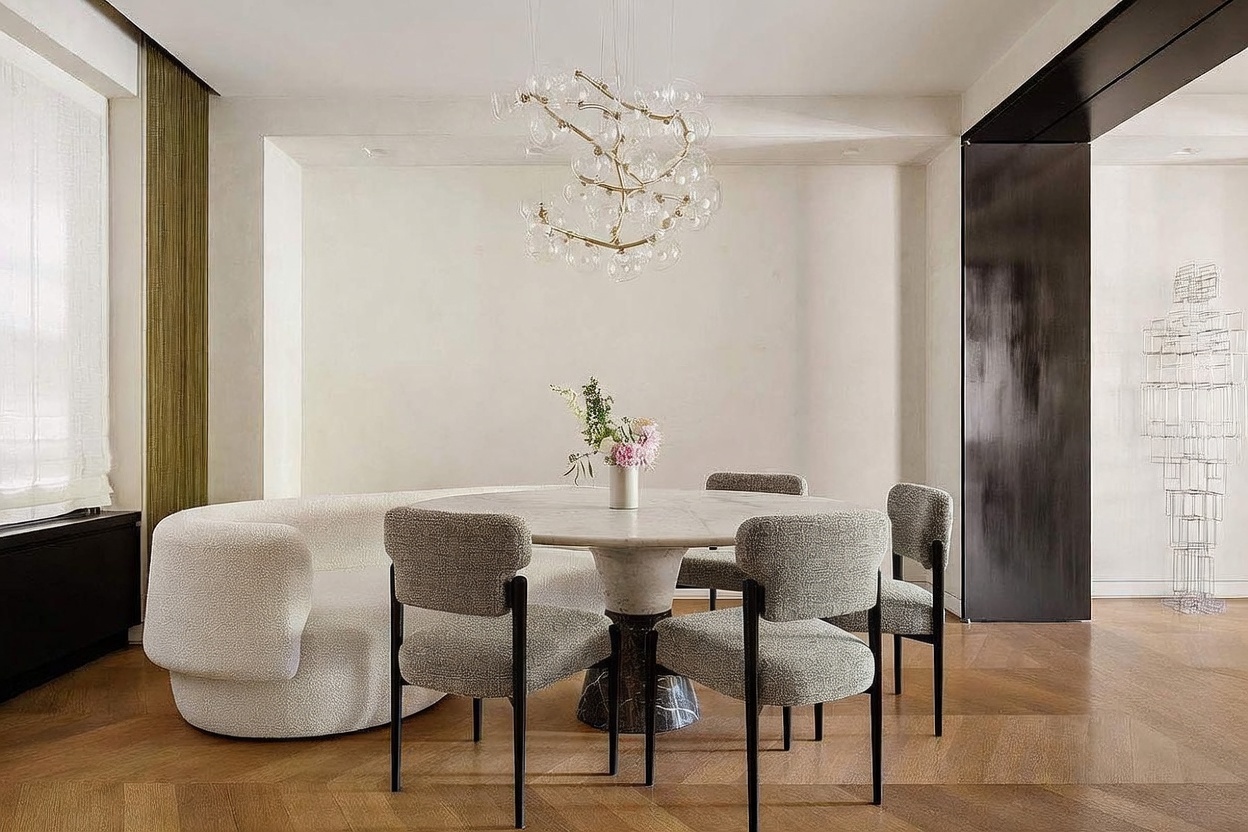 This elegant dining room features a round stone-topped table surrounded by four upholstered chairs and a curved, cream-colored sofa. A striking, multi-globe chandelier hangs above the table, serving as a focal point in the minimalist, neutral-toned space. The room is finished with light-toned wood flooring arranged in a herringbone pattern and includes a unique wire-frame sculpture in the corner.