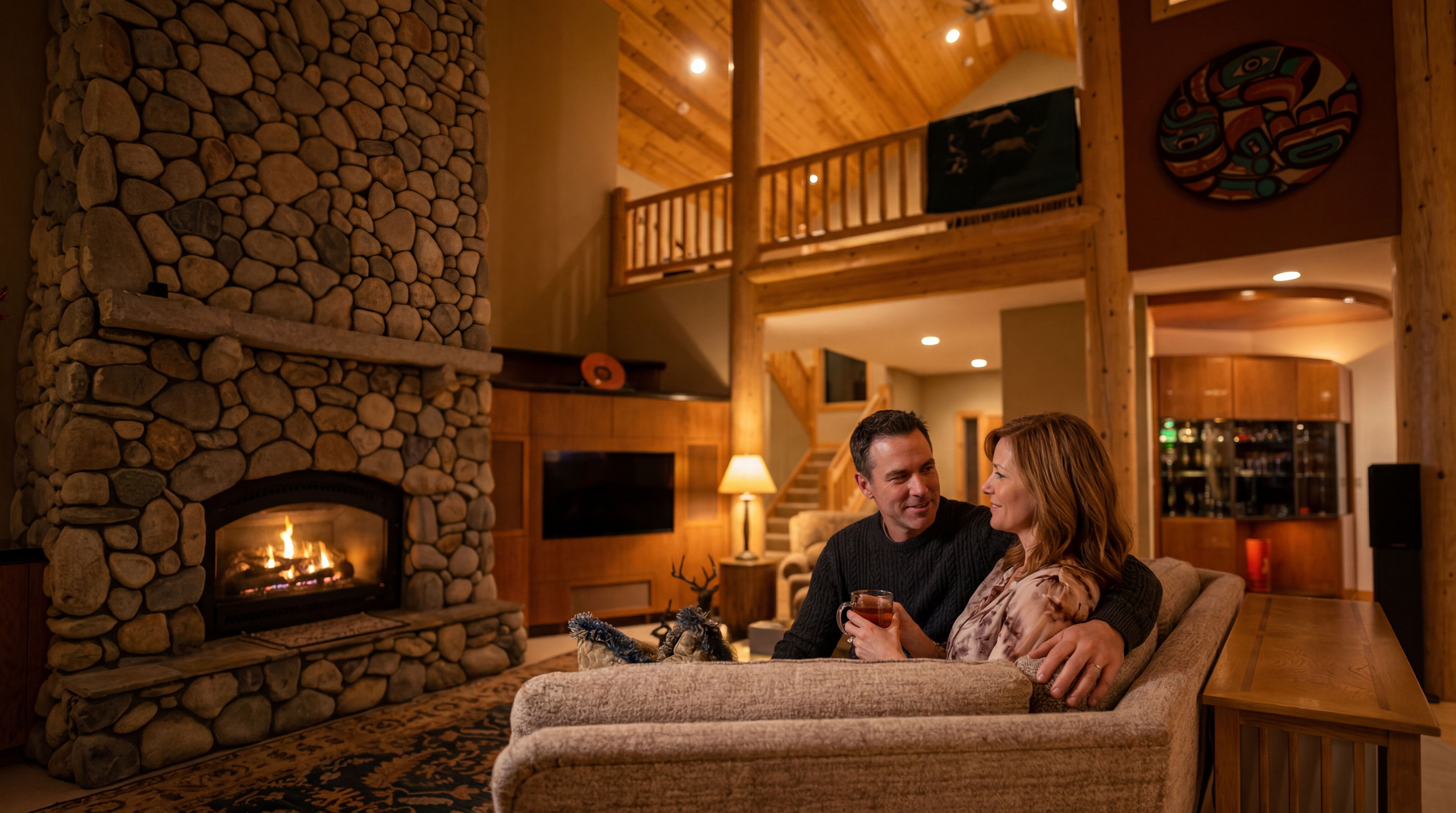 This cozy living room features a grand, floor-to-ceiling stone fireplace as a central focal point, set within an open-concept layout with vaulted wood-plank ceilings. The space exudes rustic charm and warmth, enhanced by an arched loft railing and natural wood elements throughout. Ideal for relaxing, the area seamlessly flows into the surrounding dining areas and staircase, creating an inviting and spacious atmosphere.