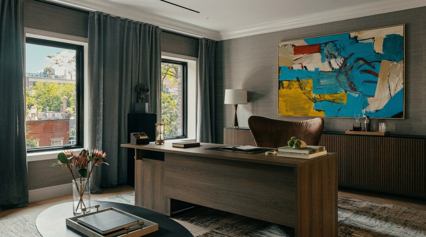 This sophisticated home office features a rich wood desk, a plush leather chair, and a large, vibrant abstract painting that serves as a focal point against the textured gray walls. The room is bathed in natural light from two large windows draped in elegant floor-to-ceiling curtains, creating a professional yet inviting atmosphere. A sleek, low-profile credenza and a modern coffee table with a floral arrangement complete the refined, contemporary aesthetic.