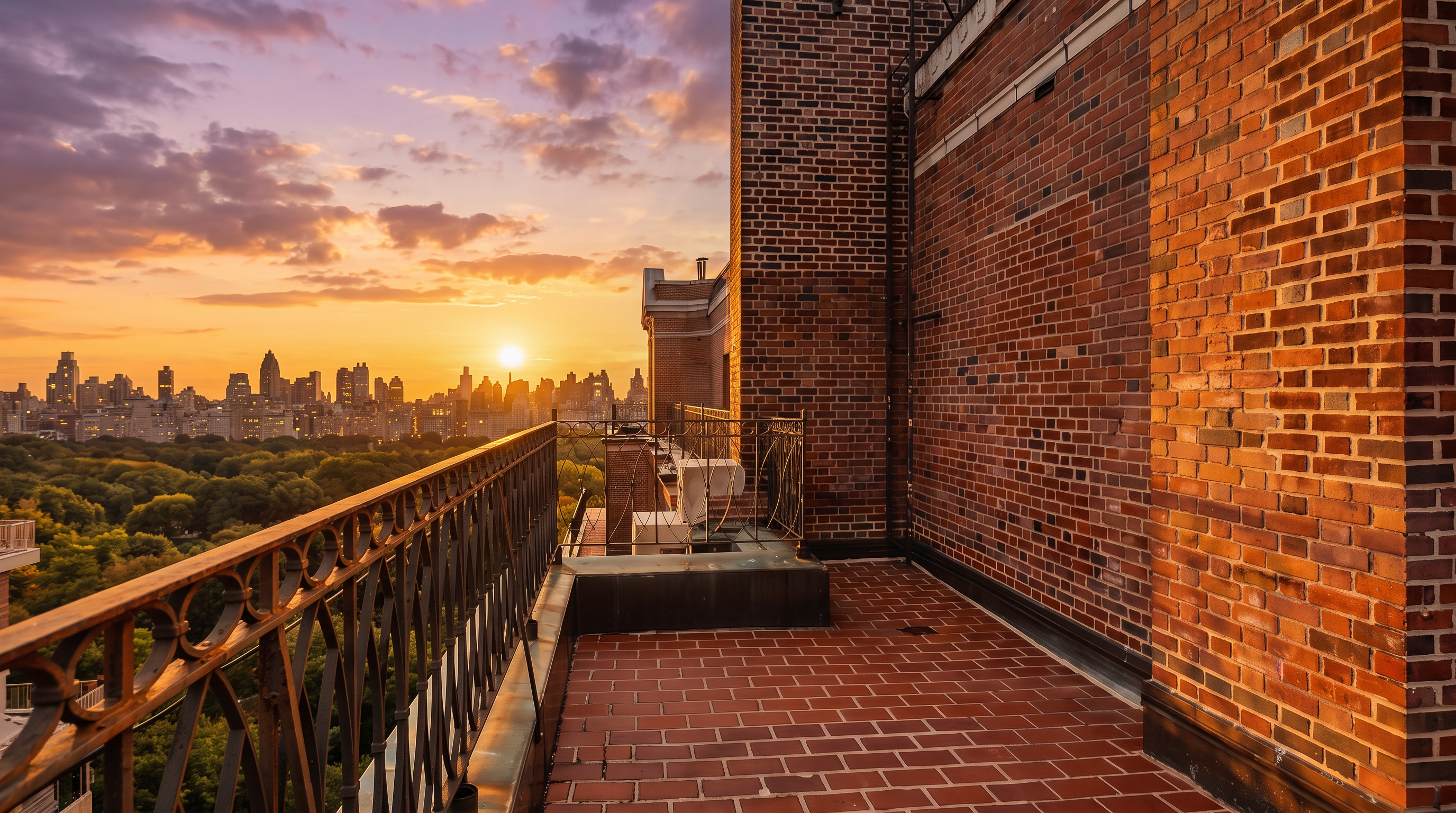 This stunning private terrace offers an unparalleled vantage point overlooking the lush greenery of Central Park and the iconic New York City skyline at sunset. Featuring traditional red brick construction and elegant wrought-iron railings, the space combines classic architectural charm with dramatic, breathtaking views. It serves as an exceptional outdoor retreat for relaxation or entertaining in a premier urban setting.